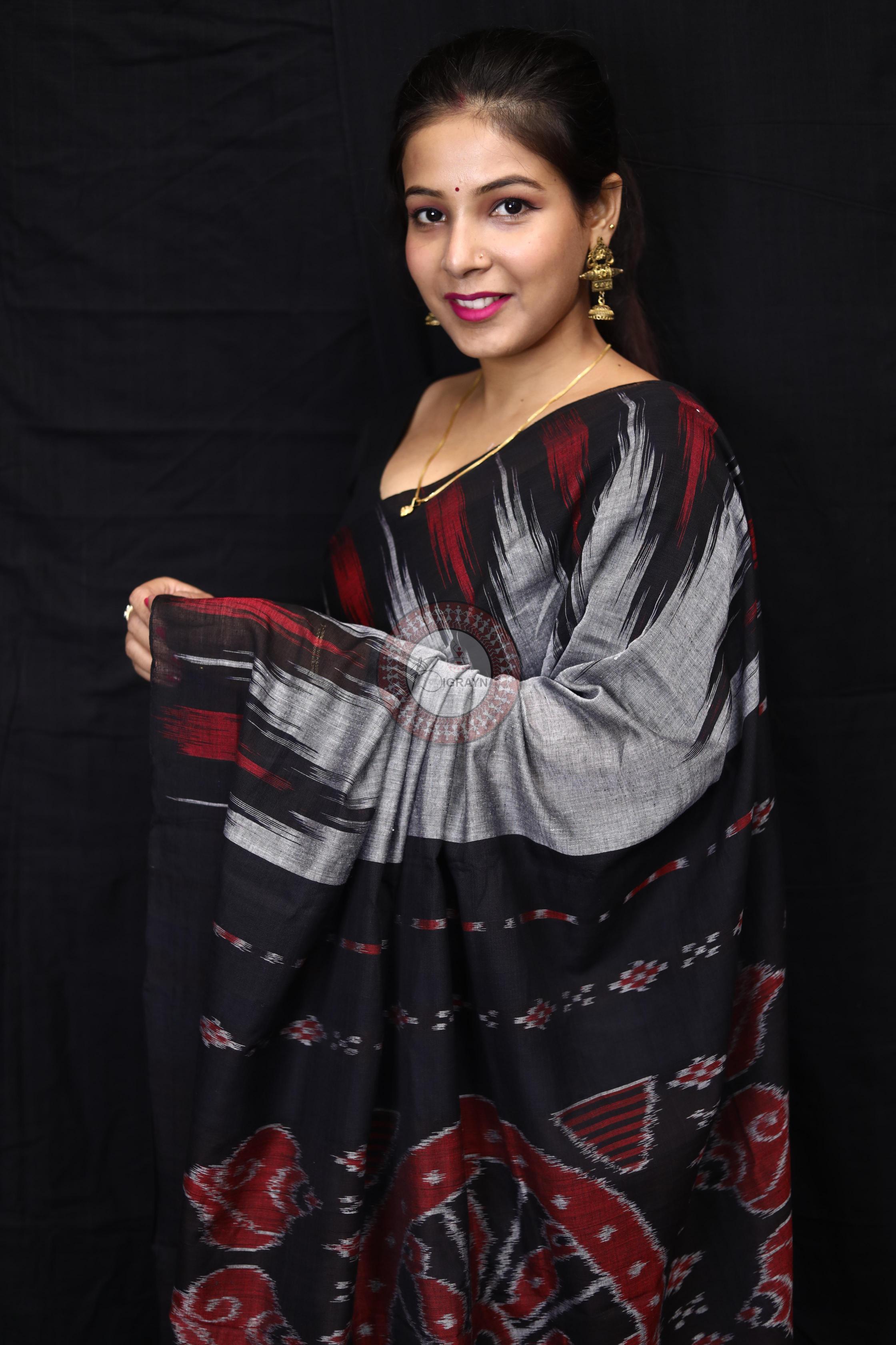 Grey Black Kargil Kumbha Cotton Saree