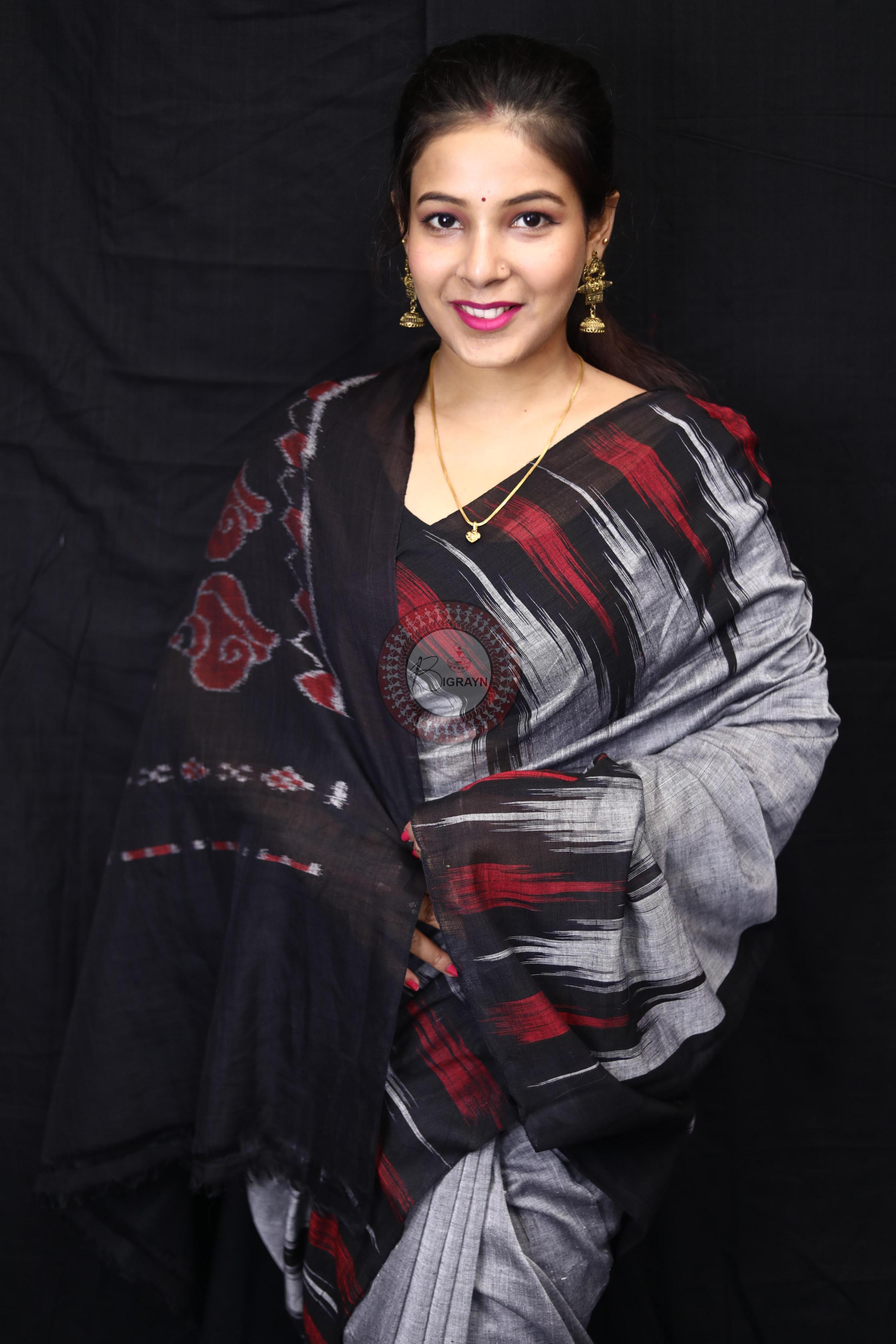 Grey Black Kargil Kumbha Cotton Saree