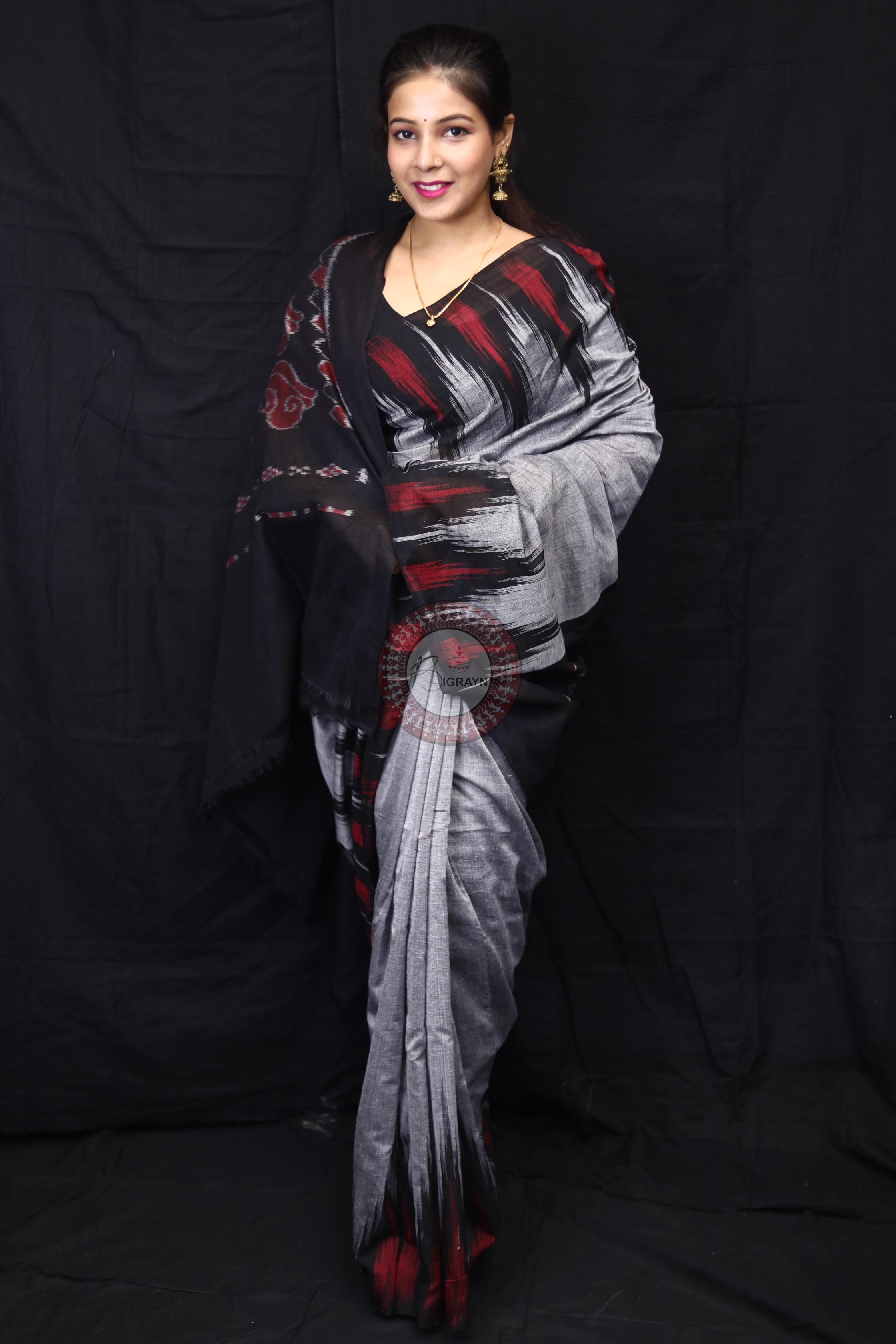 Grey Black Kargil Kumbha Cotton Saree