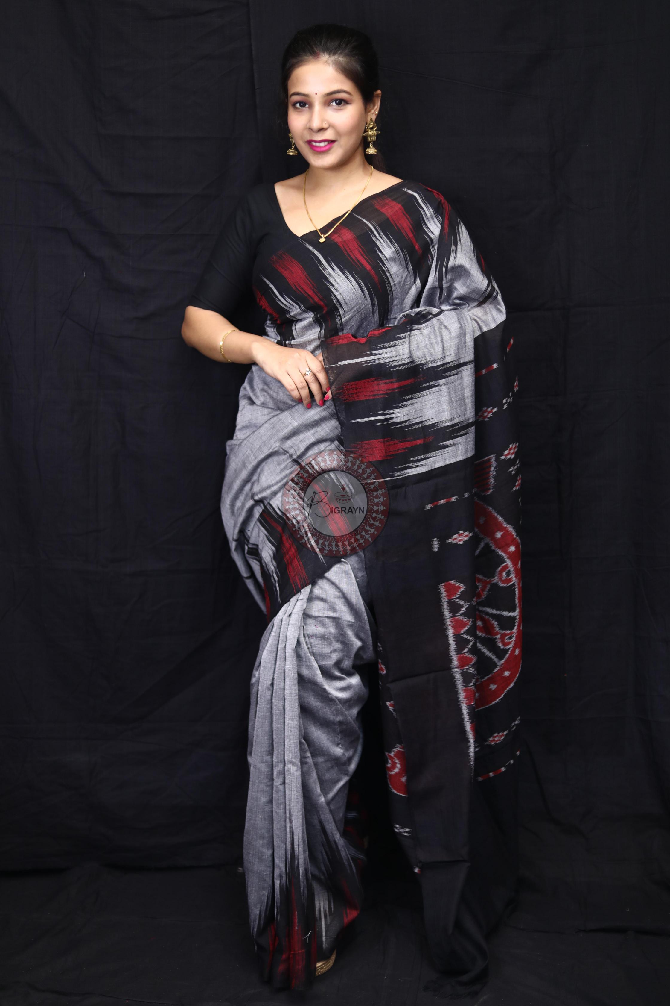 Grey Black Kargil Kumbha Cotton Saree