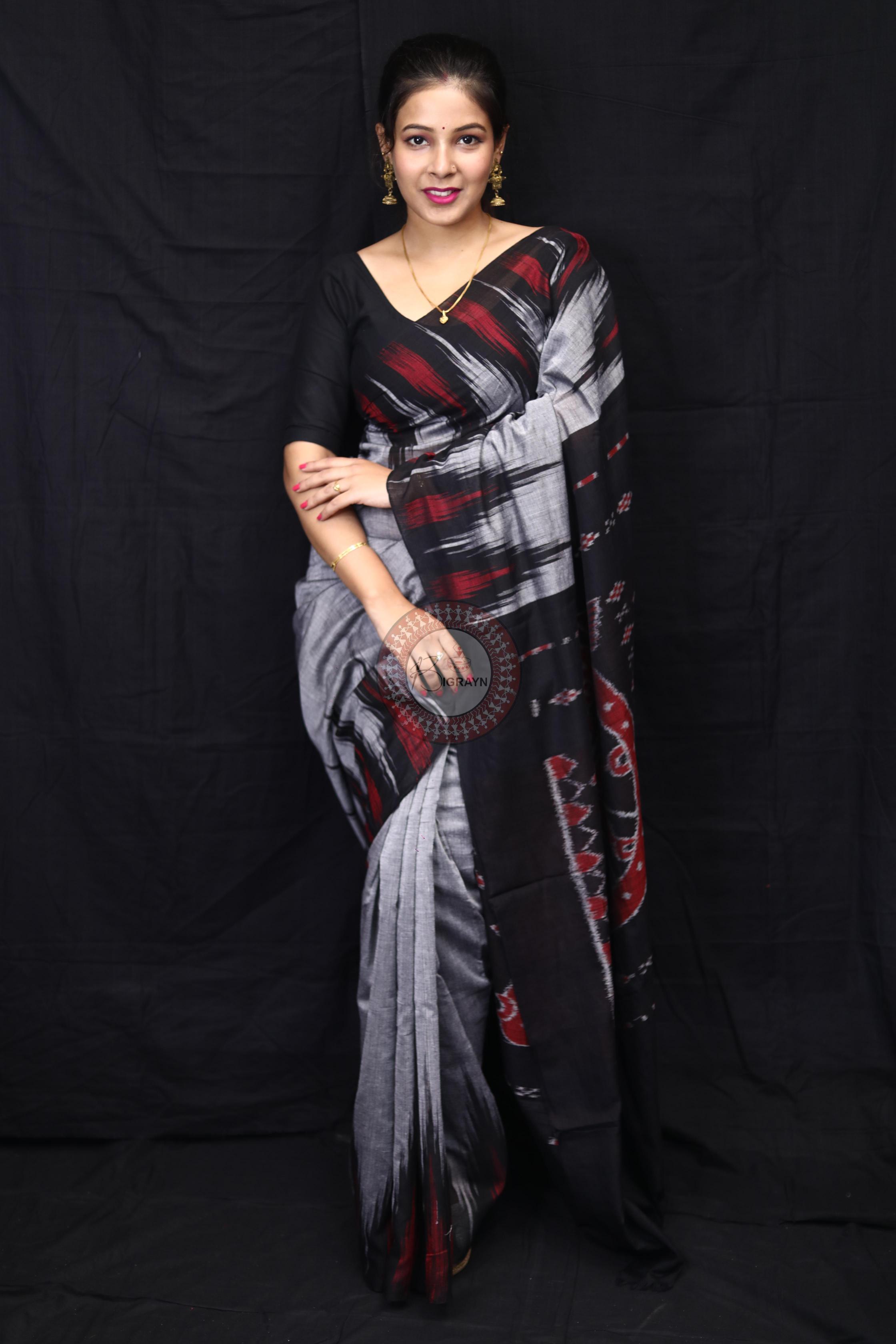 Grey Black Kargil Kumbha Cotton Saree