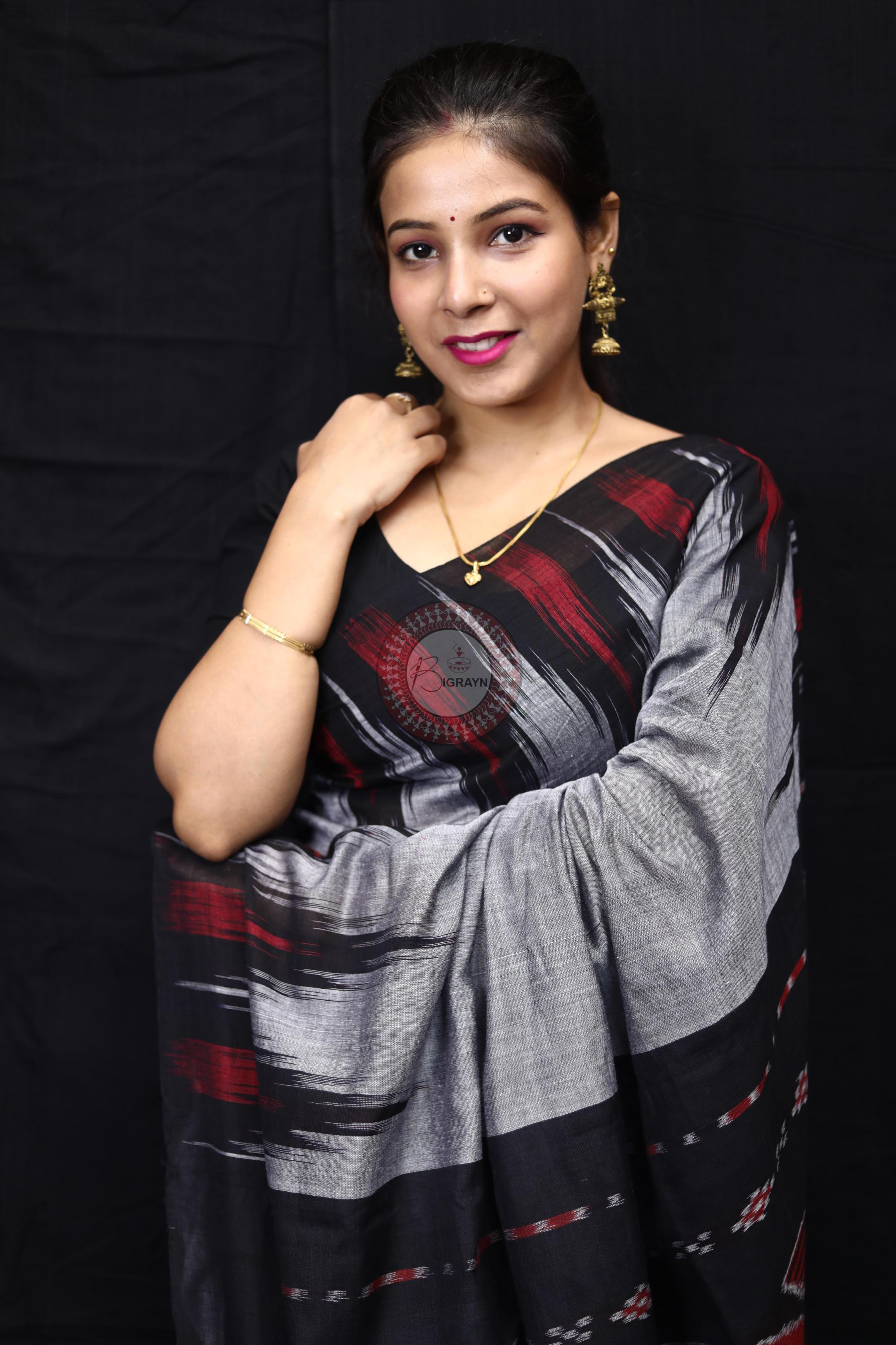 Grey Black Kargil Kumbha Cotton Saree