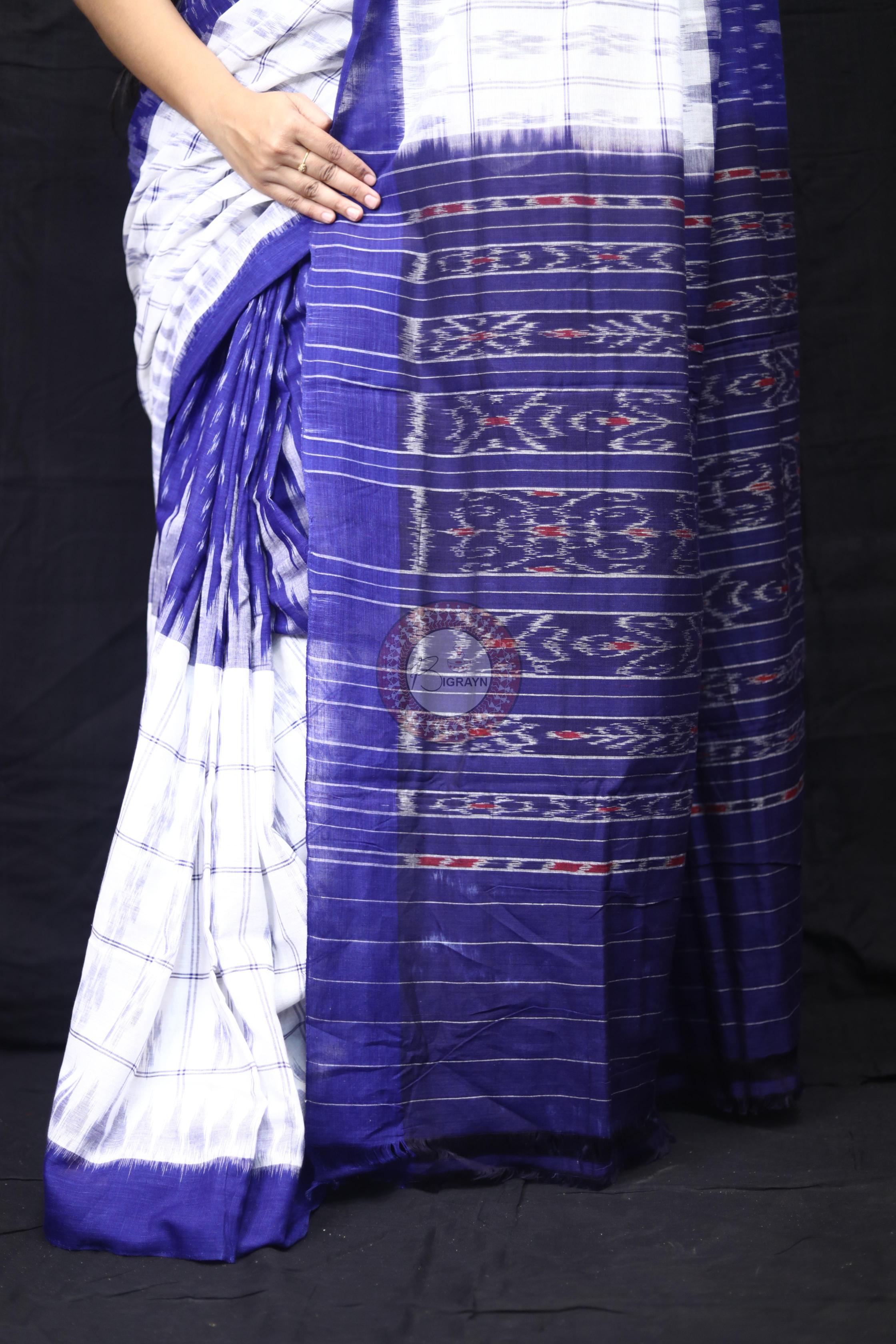 Blue White Scot Kargil Kumbha Cotton Saree