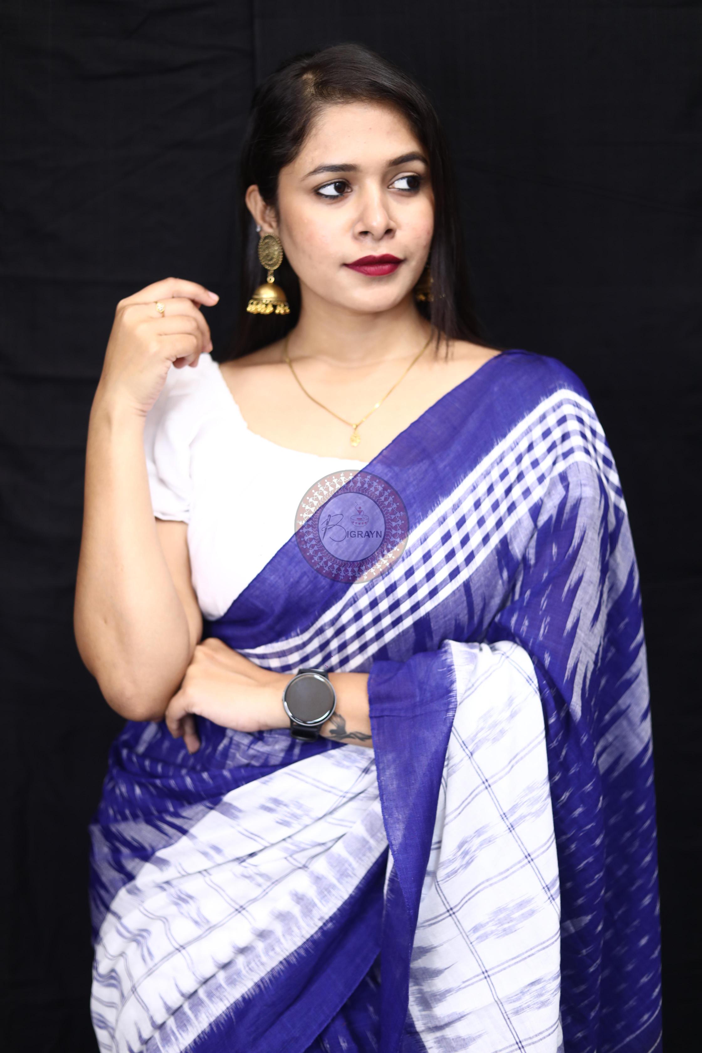Blue White Scot Kargil Kumbha Cotton Saree