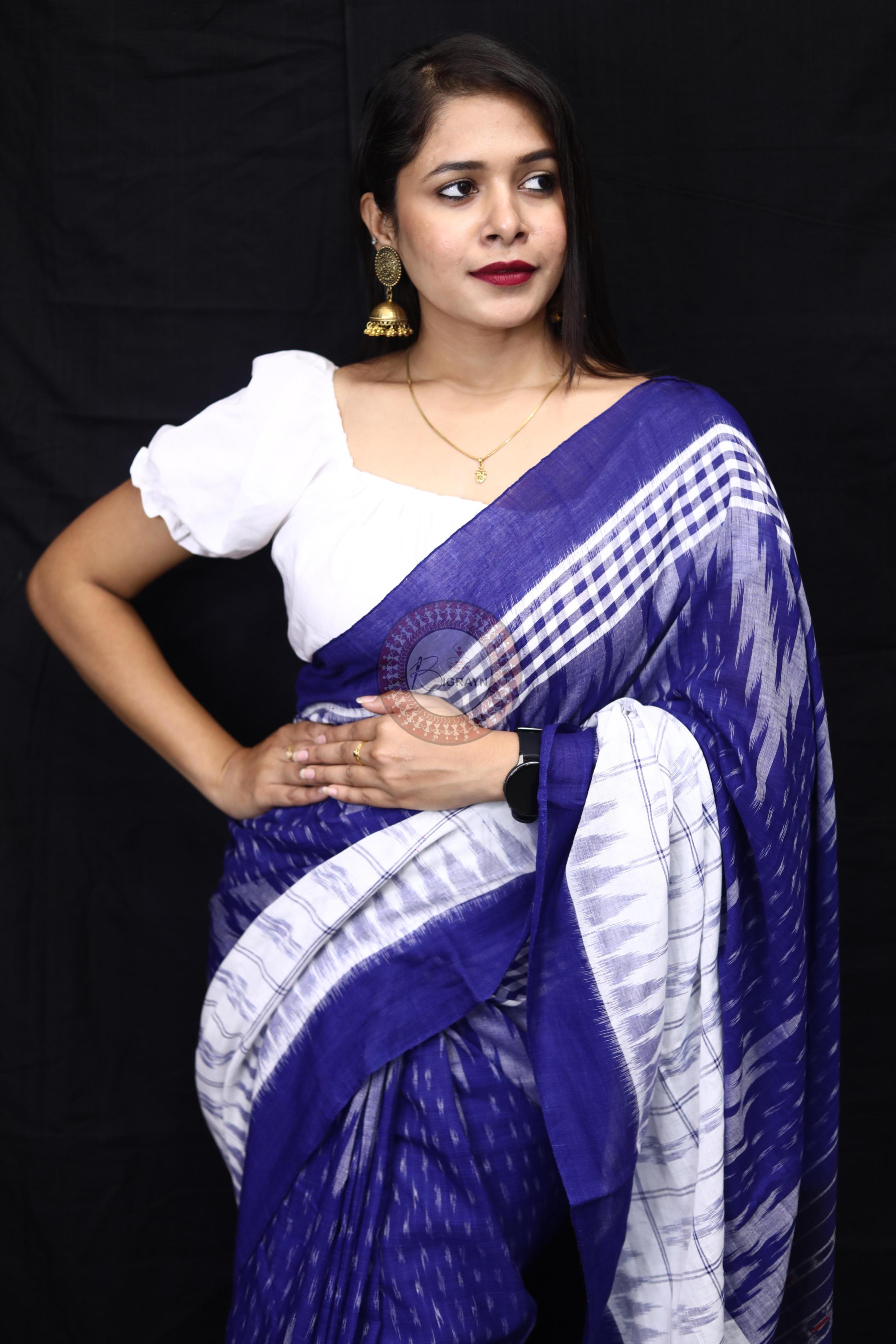 Blue White Scot Kargil Kumbha Cotton Saree