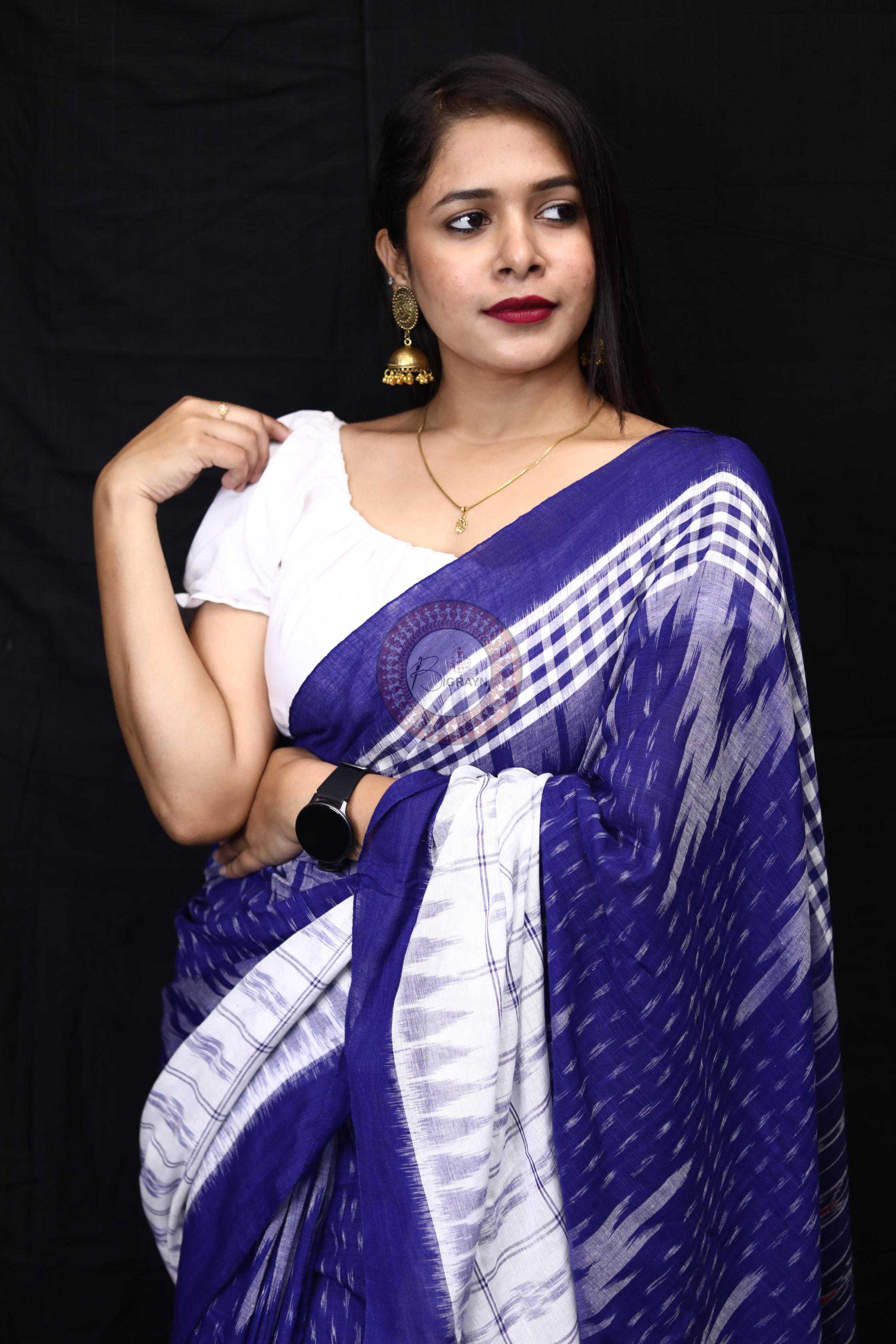 Blue White Scot Kargil Kumbha Cotton Saree