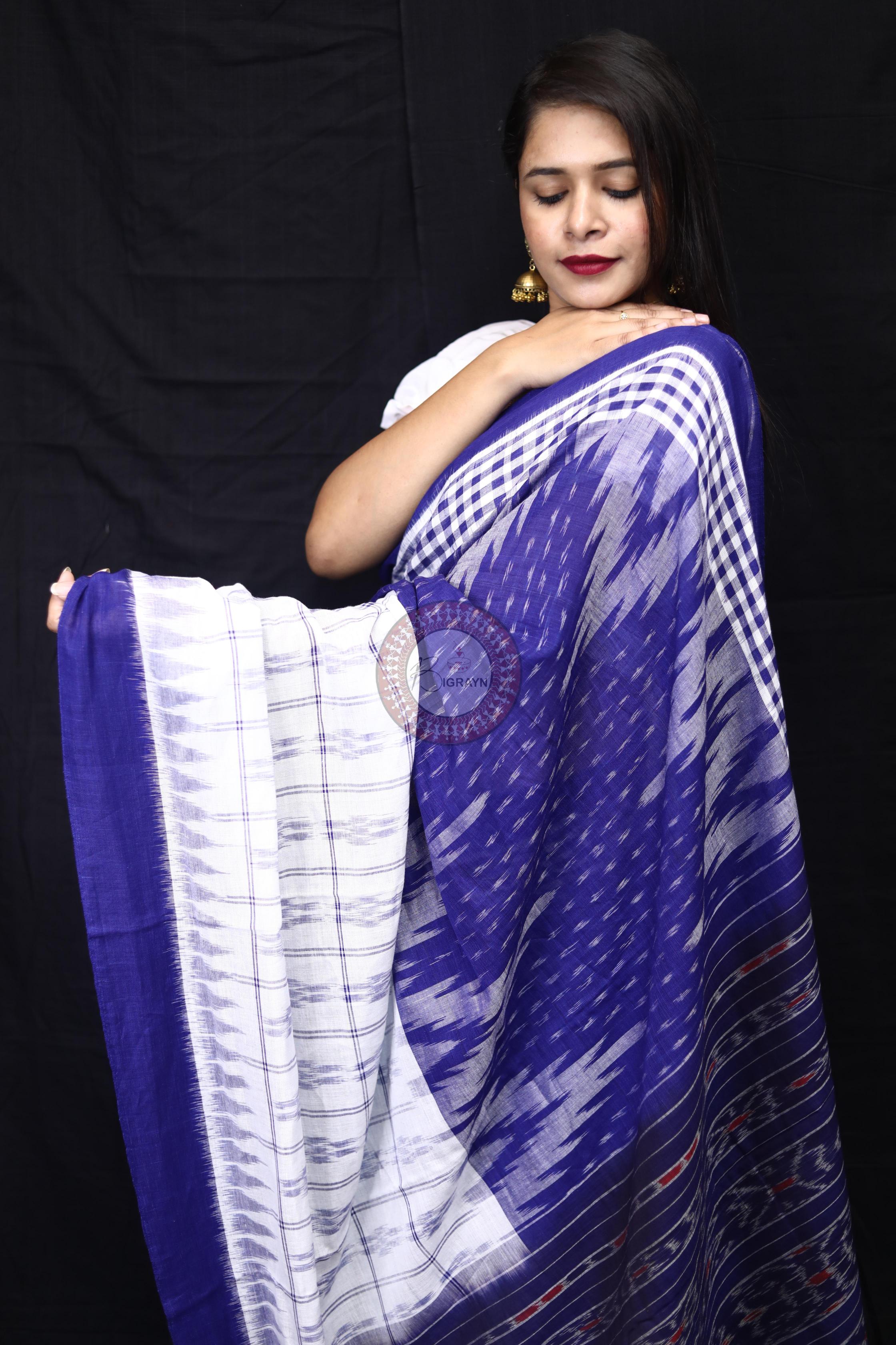 Blue White Scot Kargil Kumbha Cotton Saree