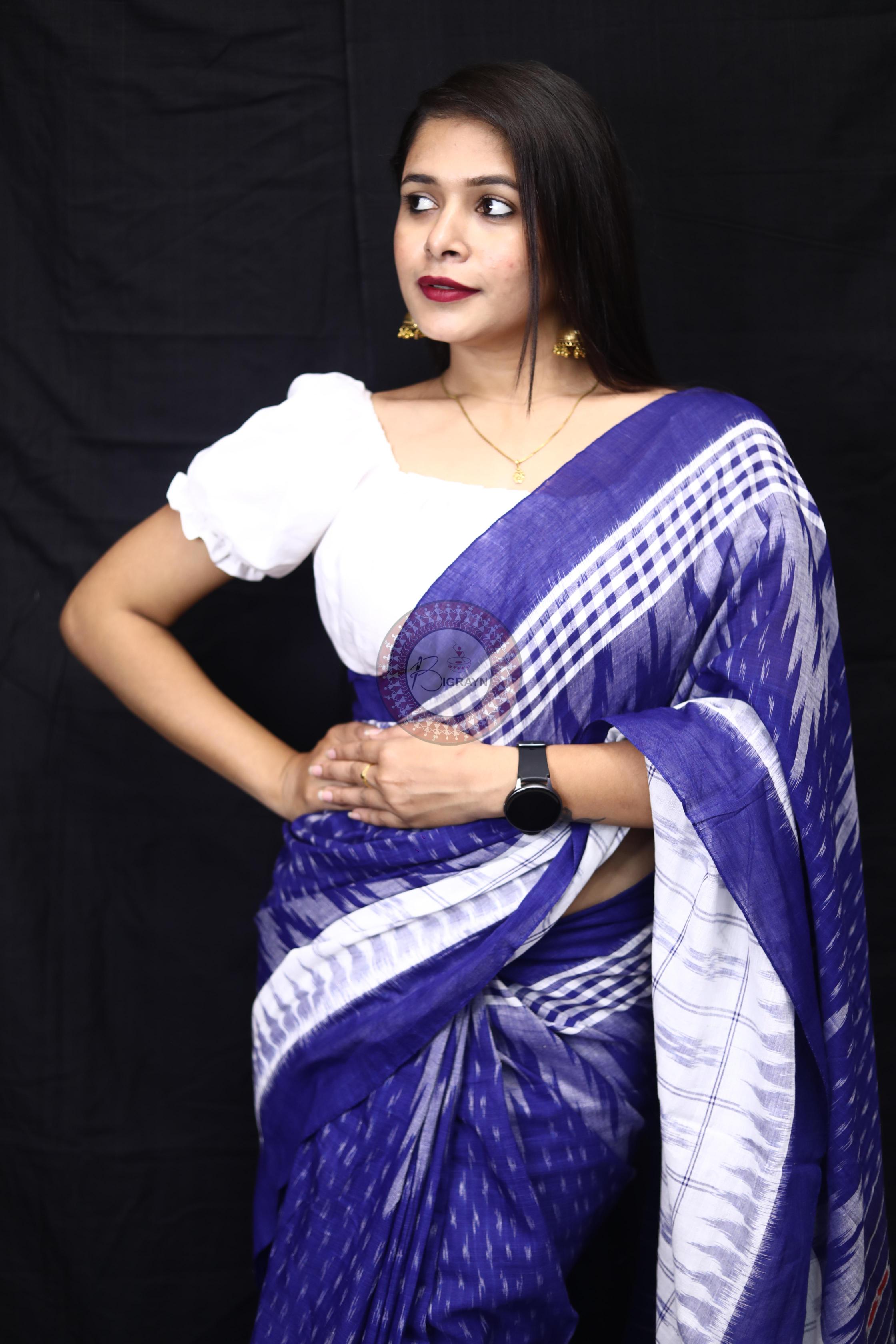 Blue White Scot Kargil Kumbha Cotton Saree