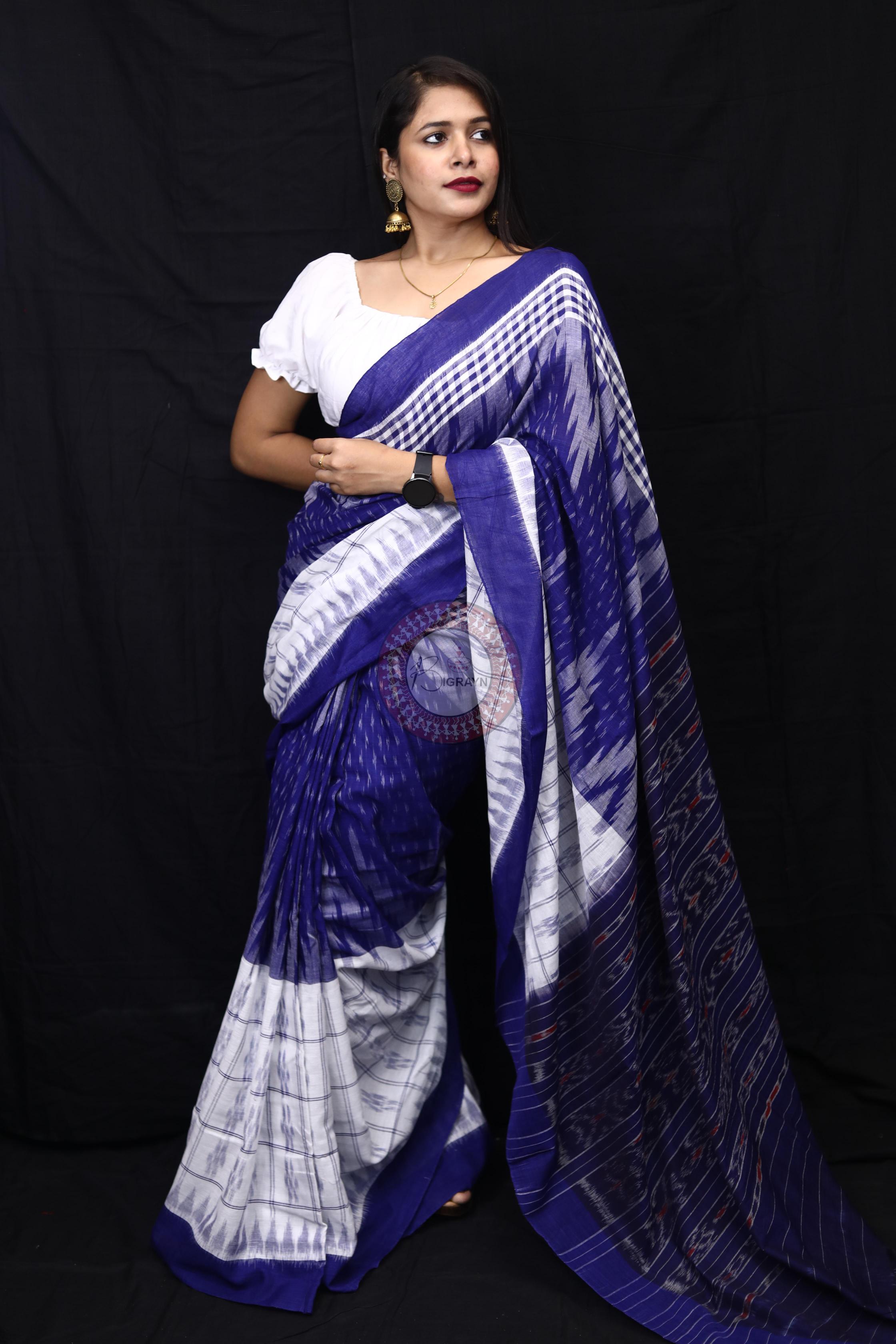 Blue White Scot Kargil Kumbha Cotton Saree