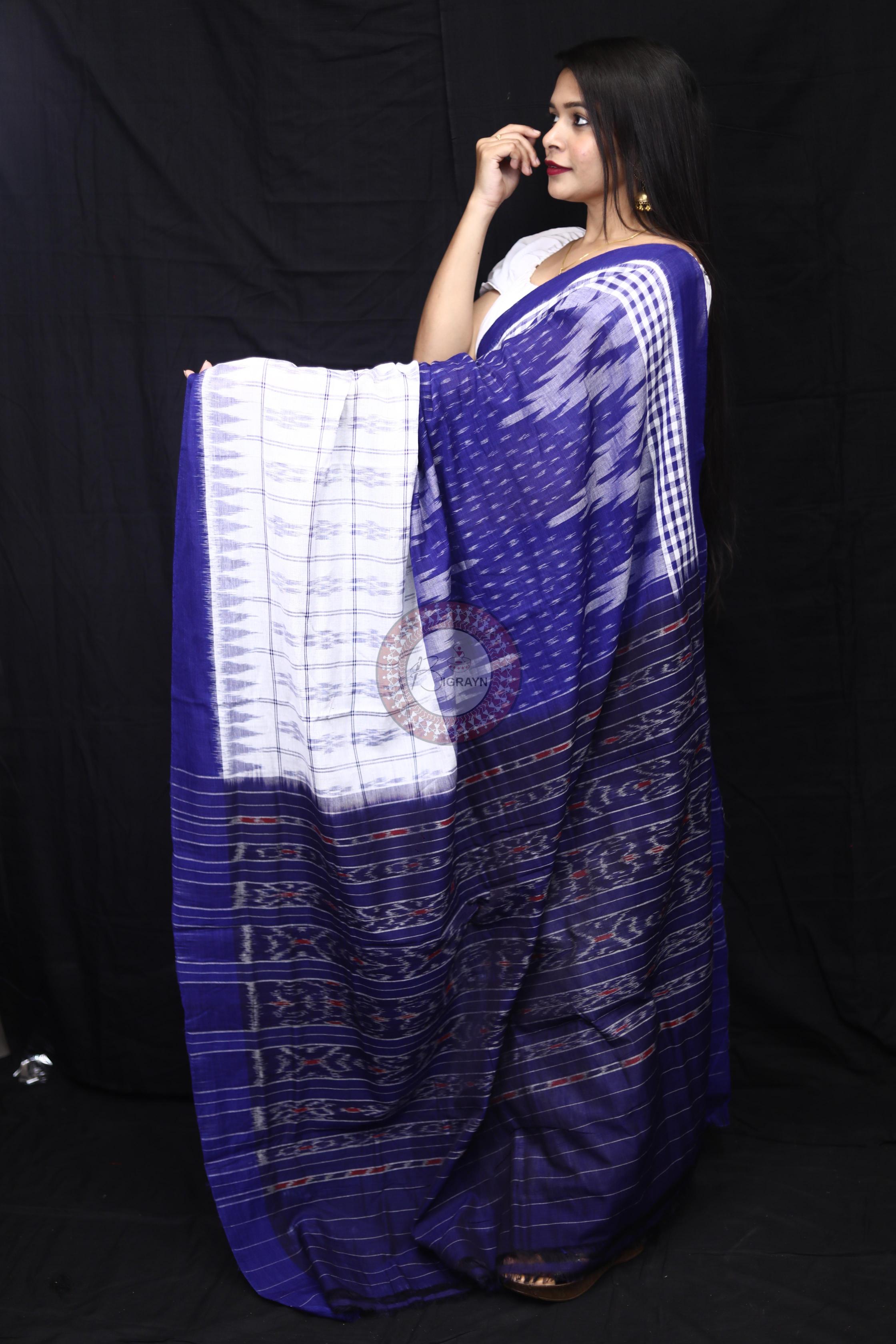 Blue White Scot Kargil Kumbha Cotton Saree