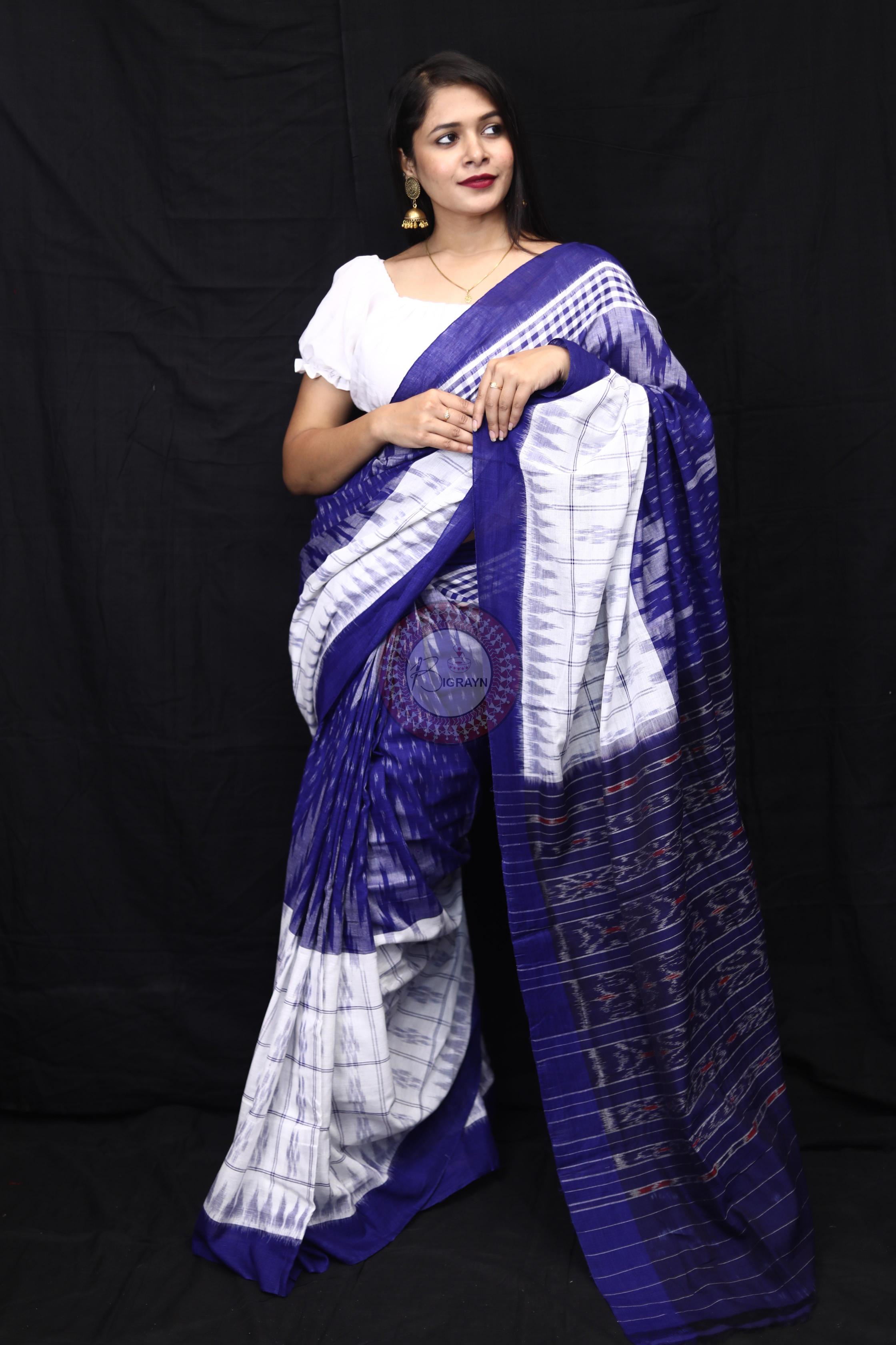Blue White Scot Kargil Kumbha Cotton Saree