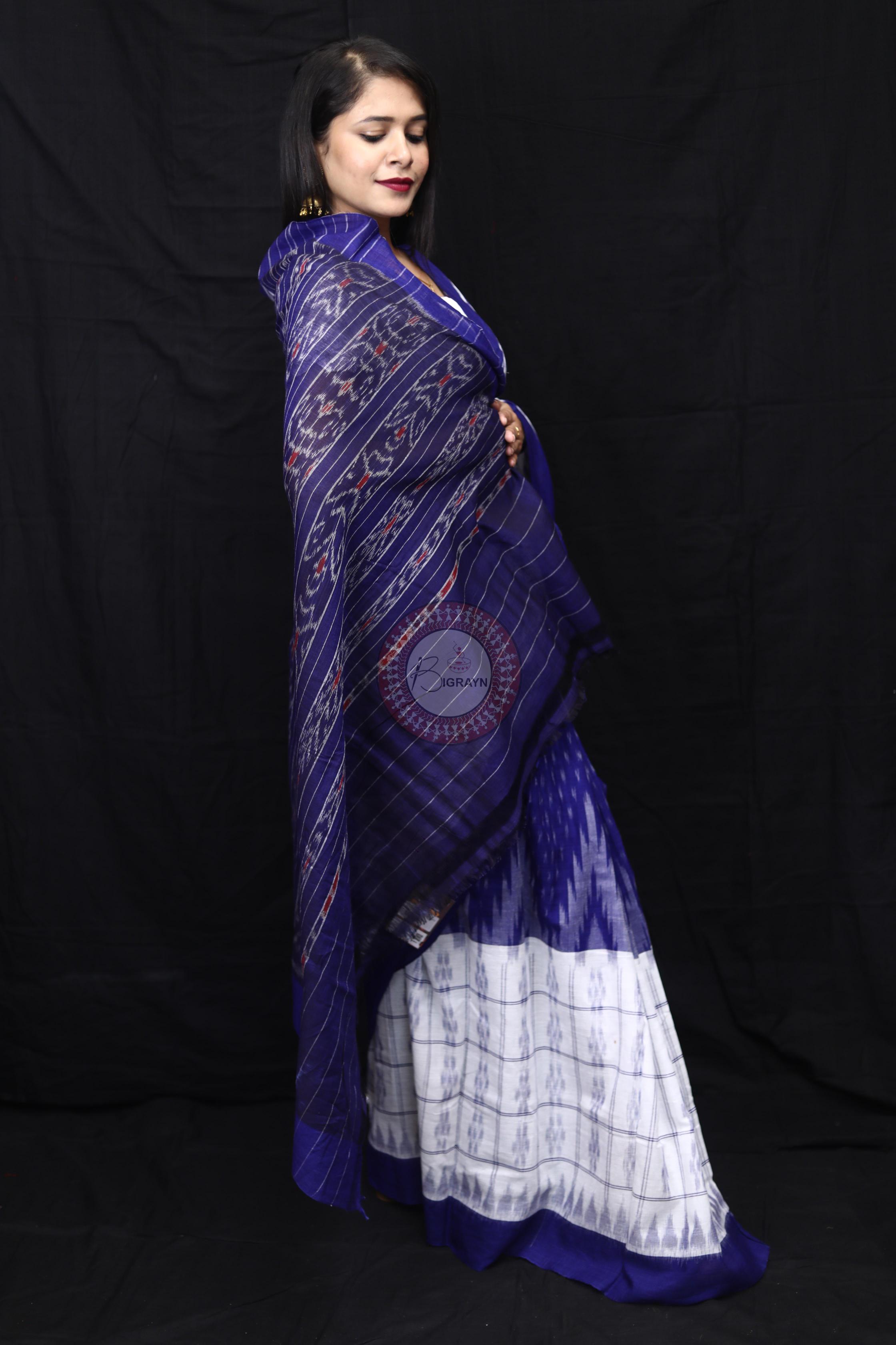 Blue White Scot Kargil Kumbha Cotton Saree