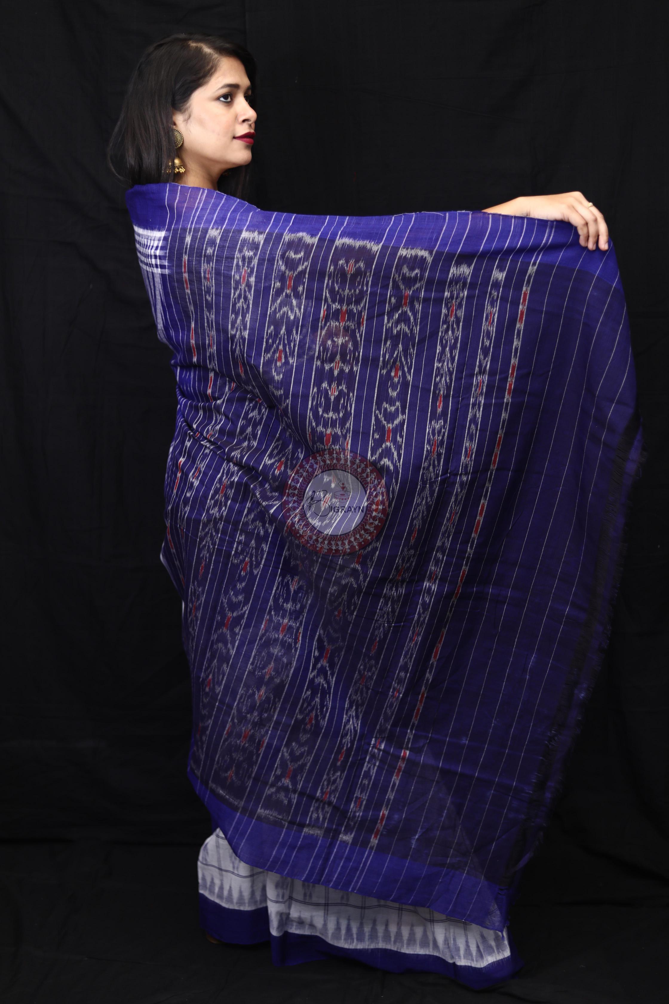Blue White Scot Kargil Kumbha Cotton Saree