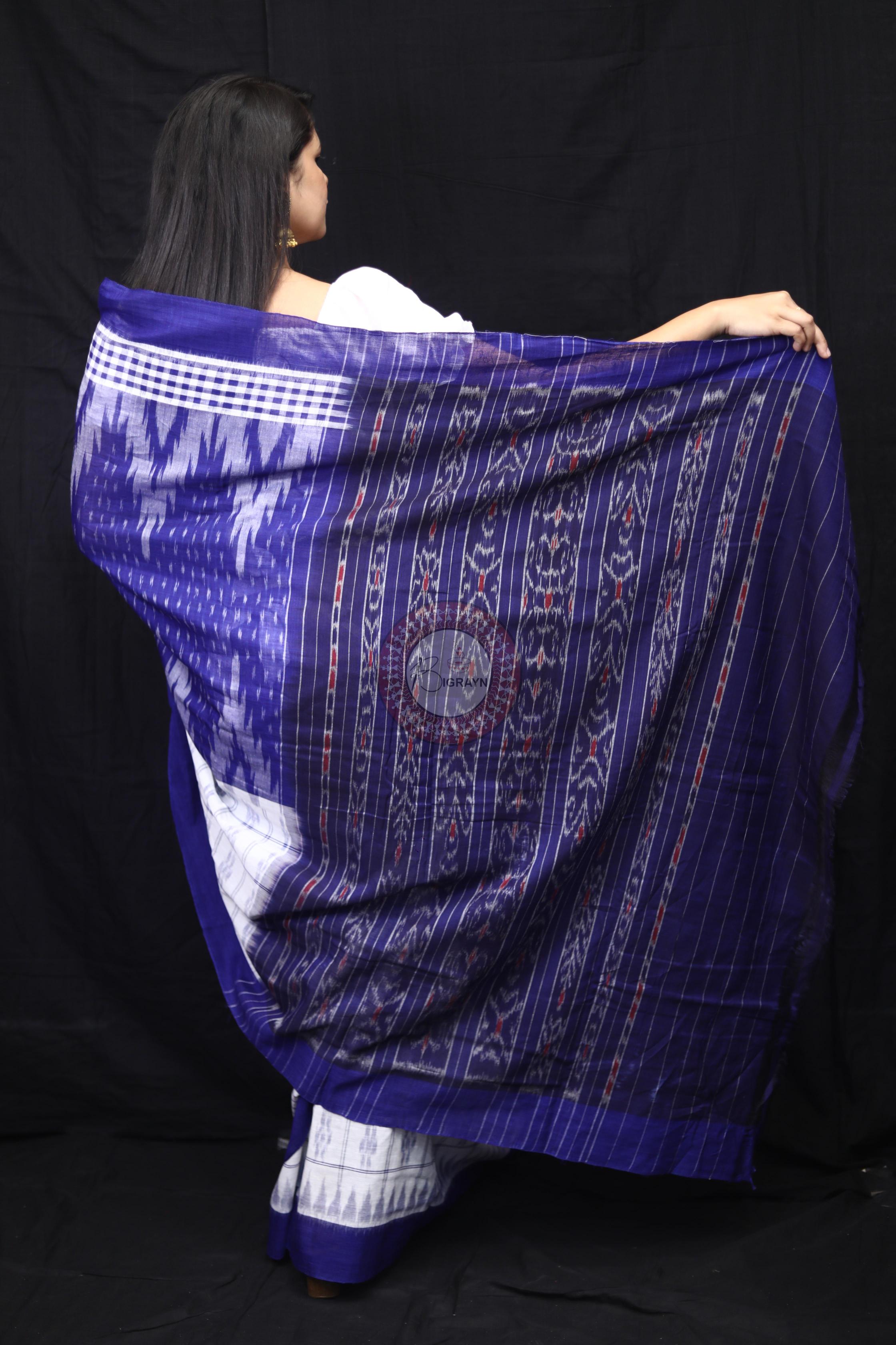 Blue White Scot Kargil Kumbha Cotton Saree