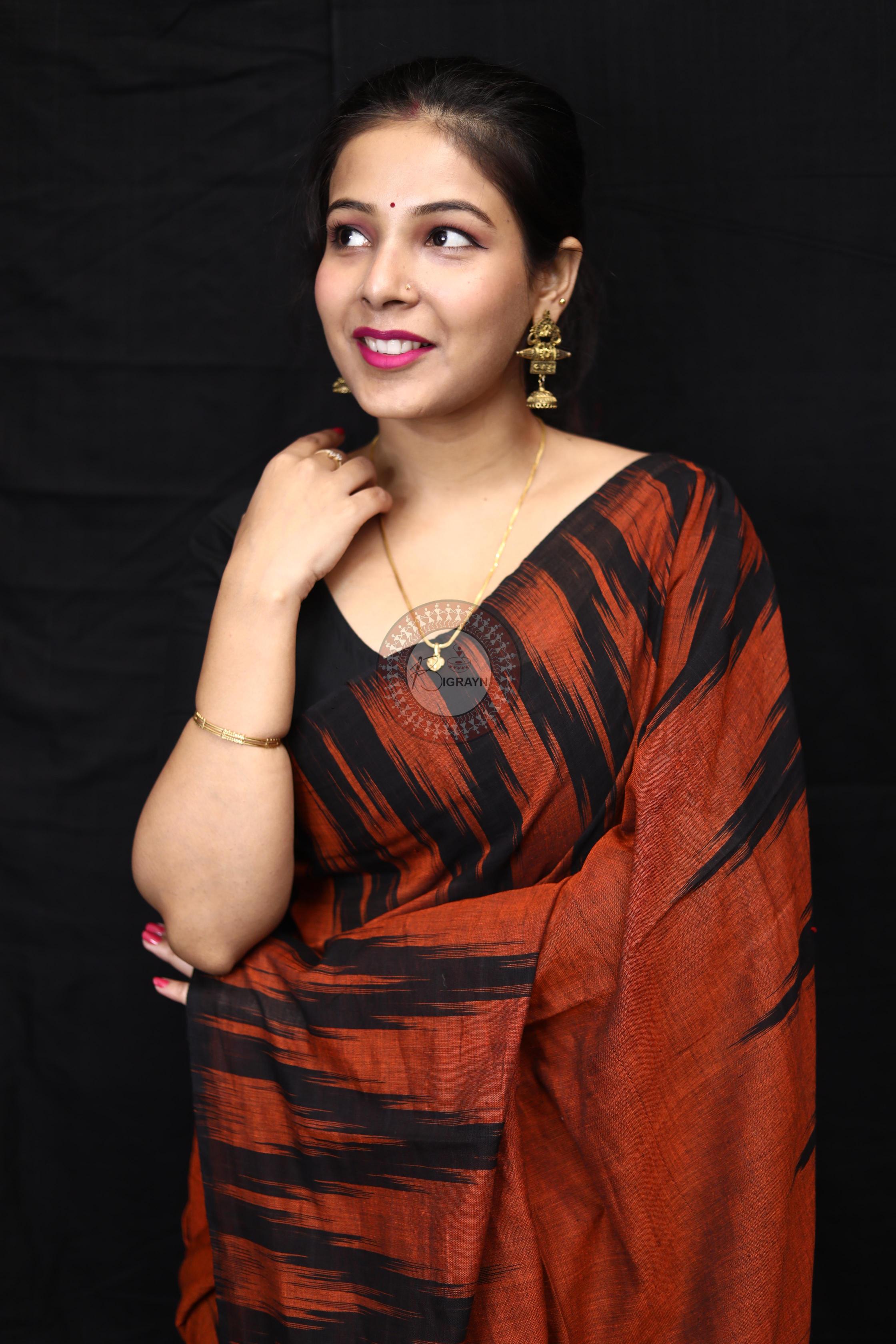 Brown Black Kargil Kumbha Cotton Saree
