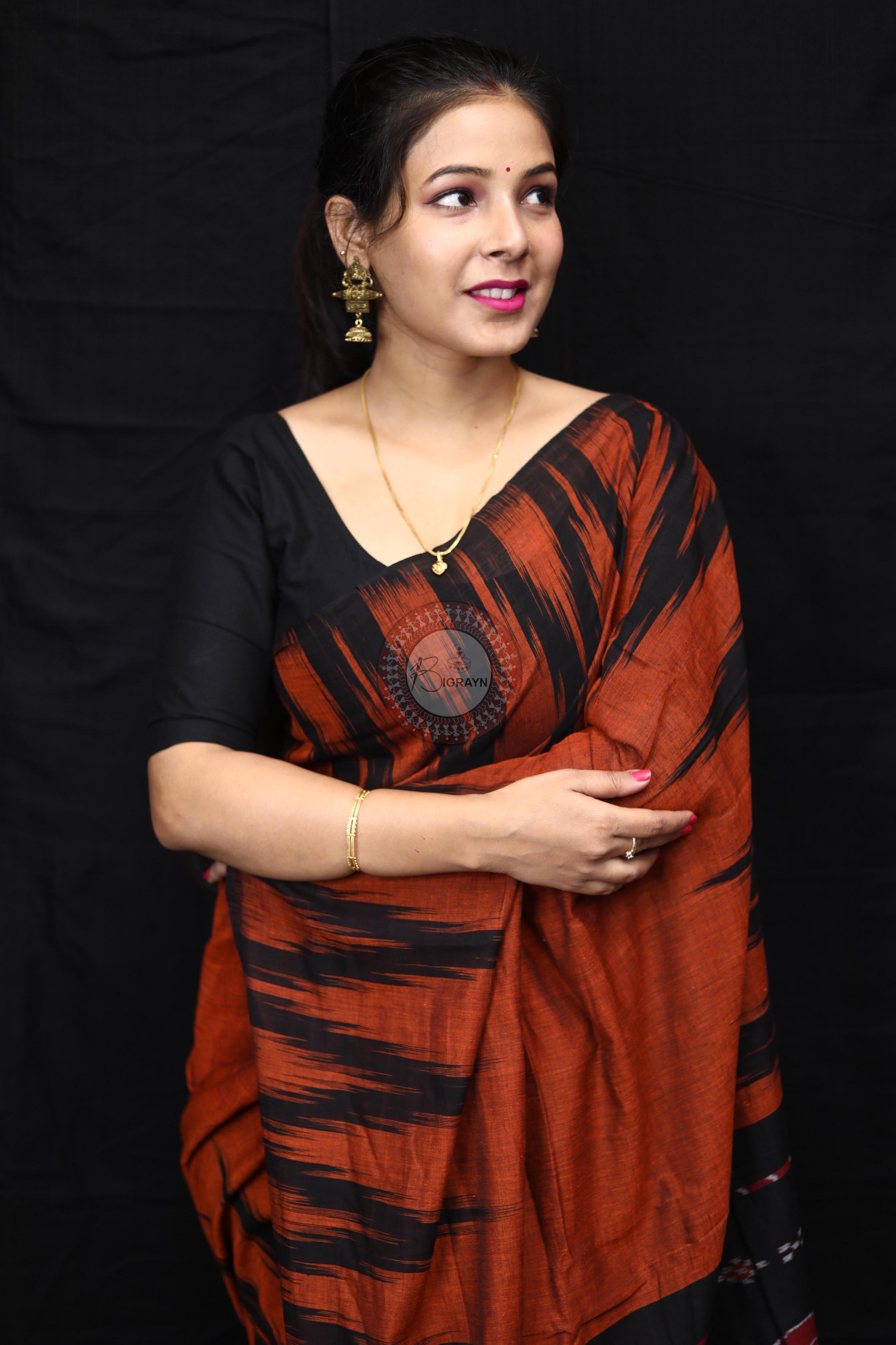 Brown Black Kargil Kumbha Cotton Saree