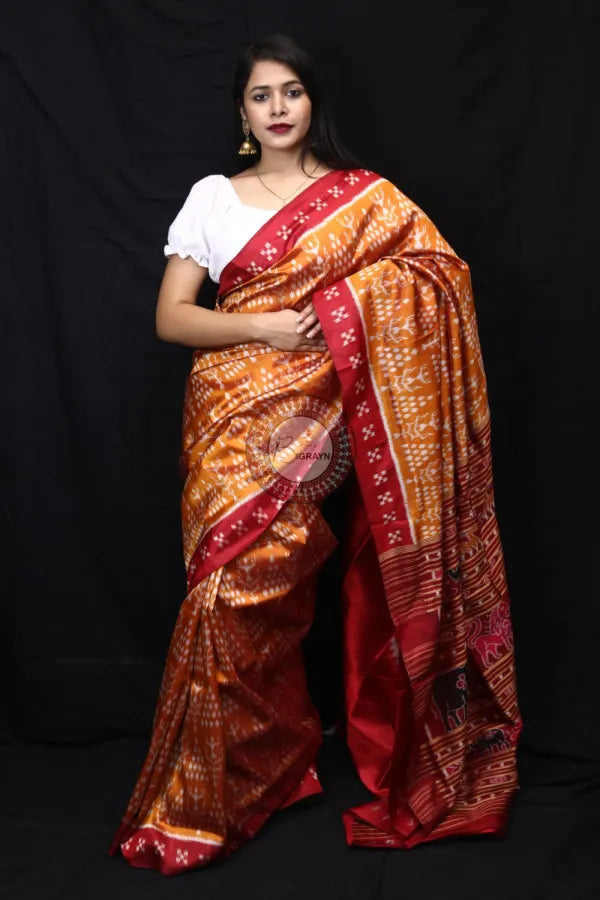 Golden Tribal Chitta Mulberry Silk Saree