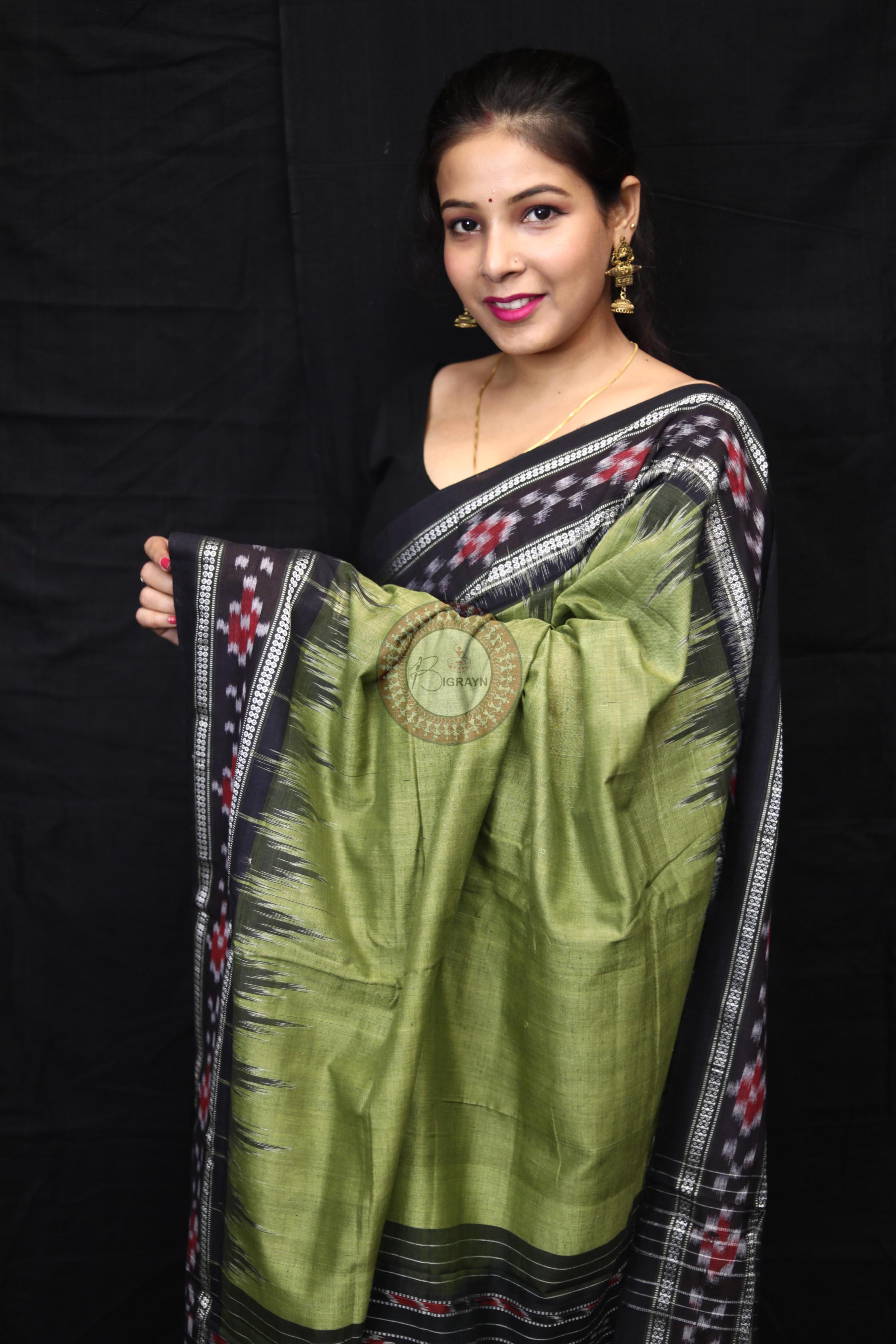Mehndi Black Rekha Pasapali Khandua Cotton Saree