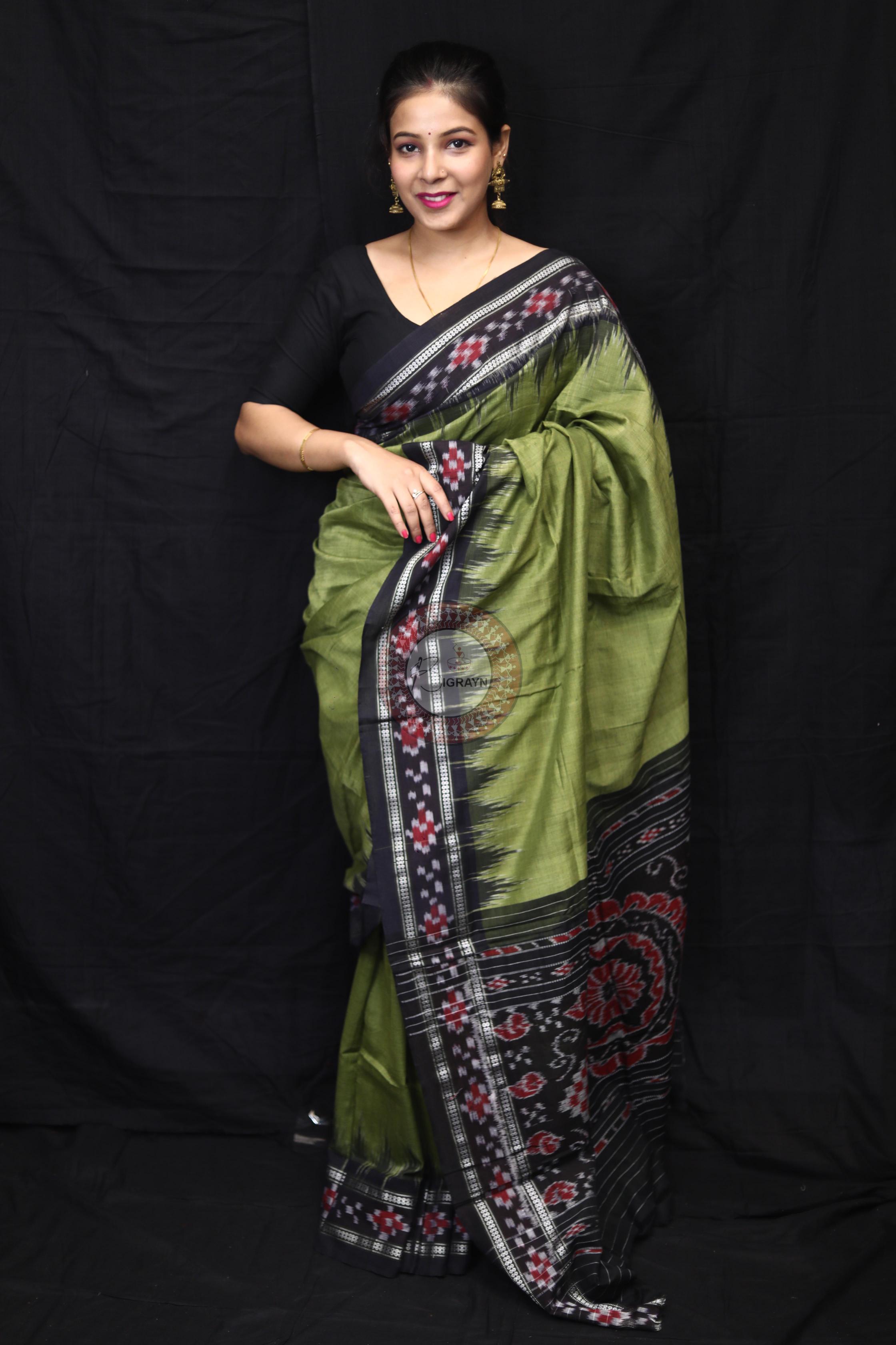 Mehndi Black Rekha Pasapali Khandua Cotton Saree