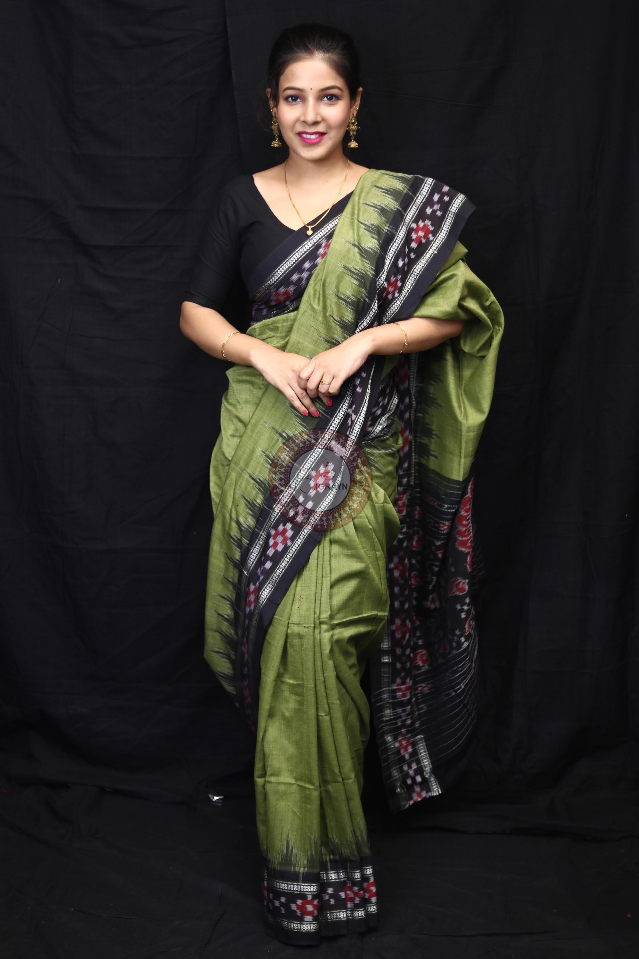 Mehndi Black Rekha Pasapali Khandua Cotton Saree