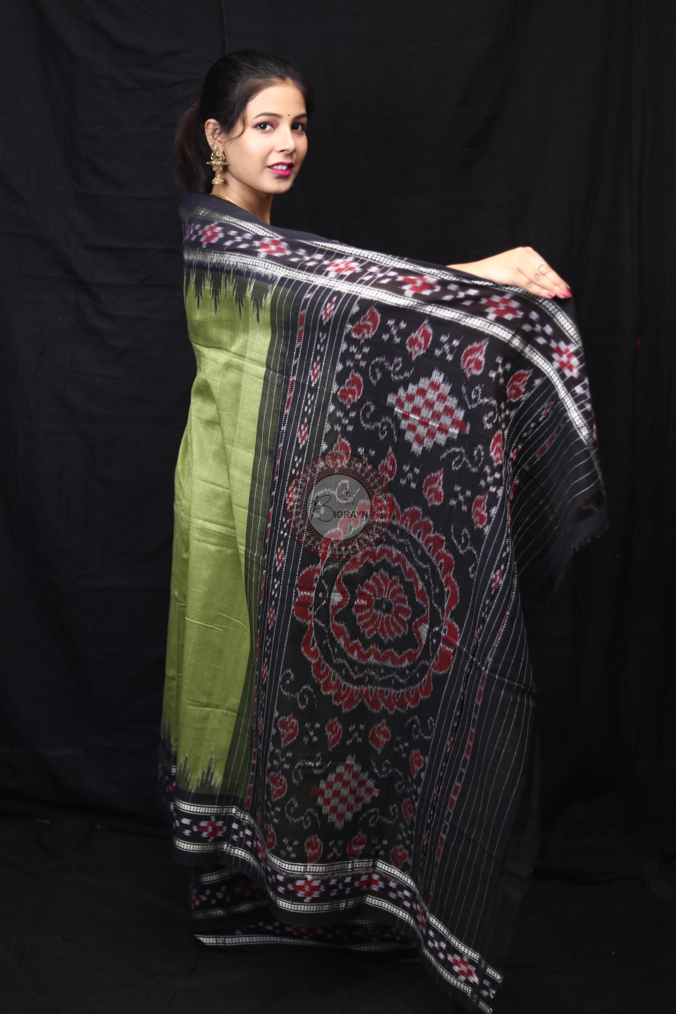 Mehndi Black Rekha Pasapali Khandua Cotton Saree