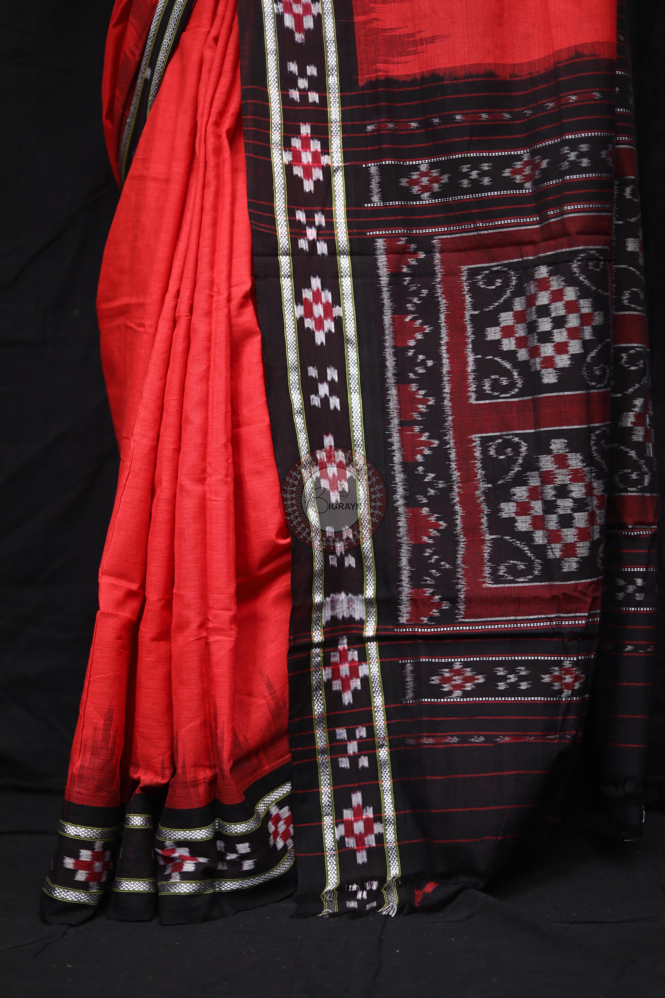 Red Black Rekha Pasapali Khandua Cotton Saree
