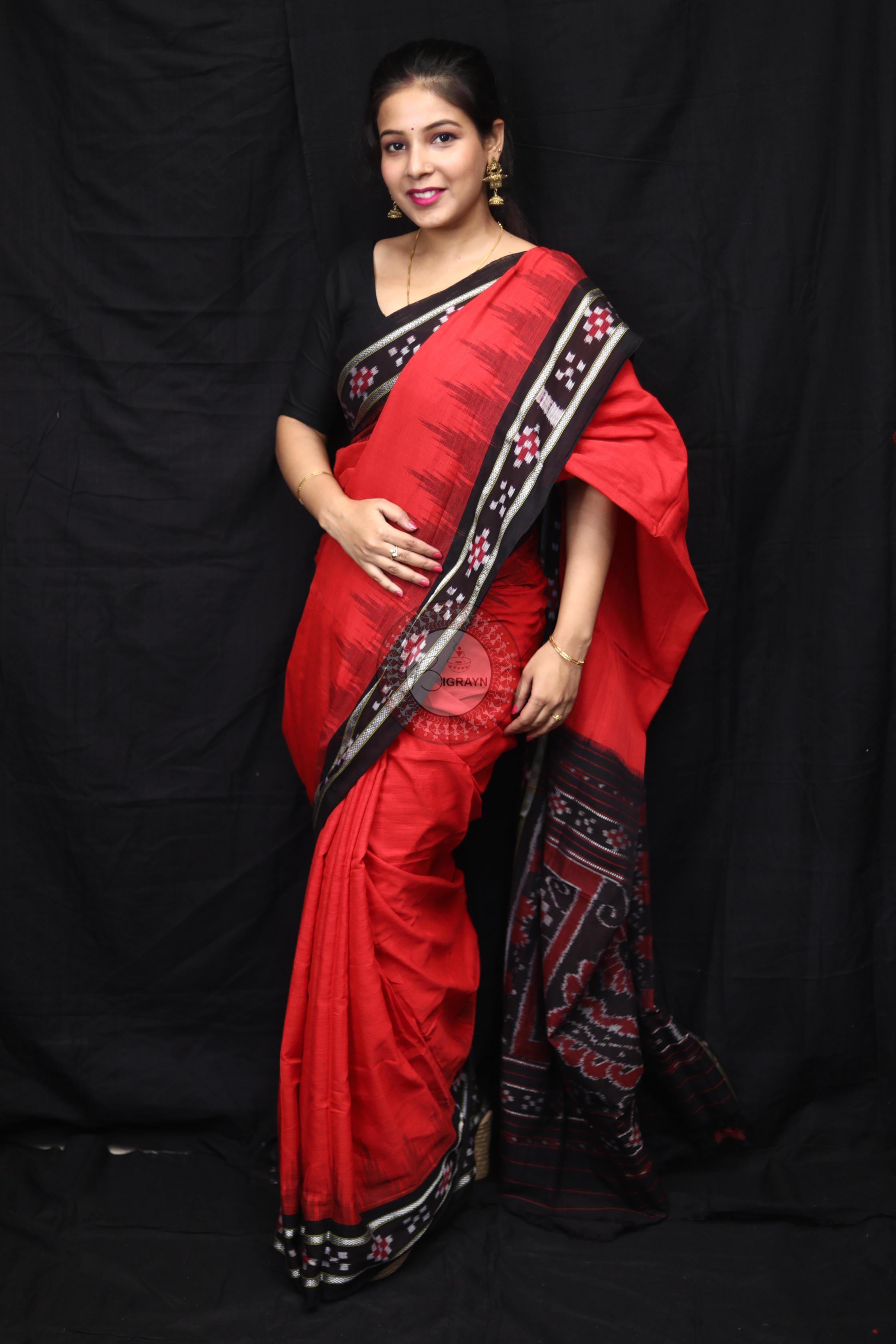 Red Black Rekha Pasapali Khandua Cotton Saree