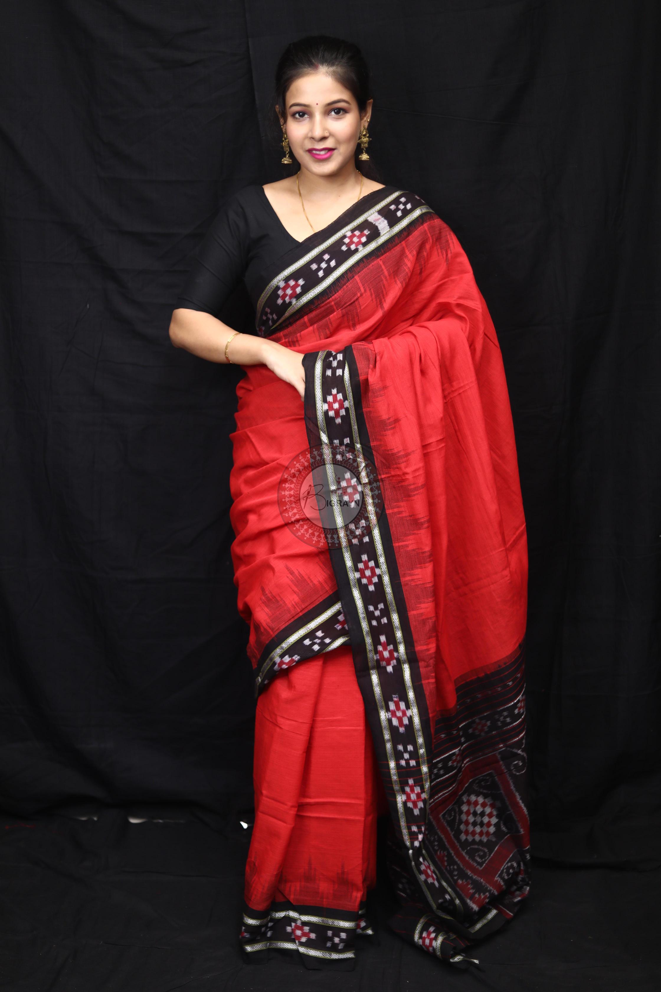 Red Black Rekha Pasapali Khandua Cotton Saree