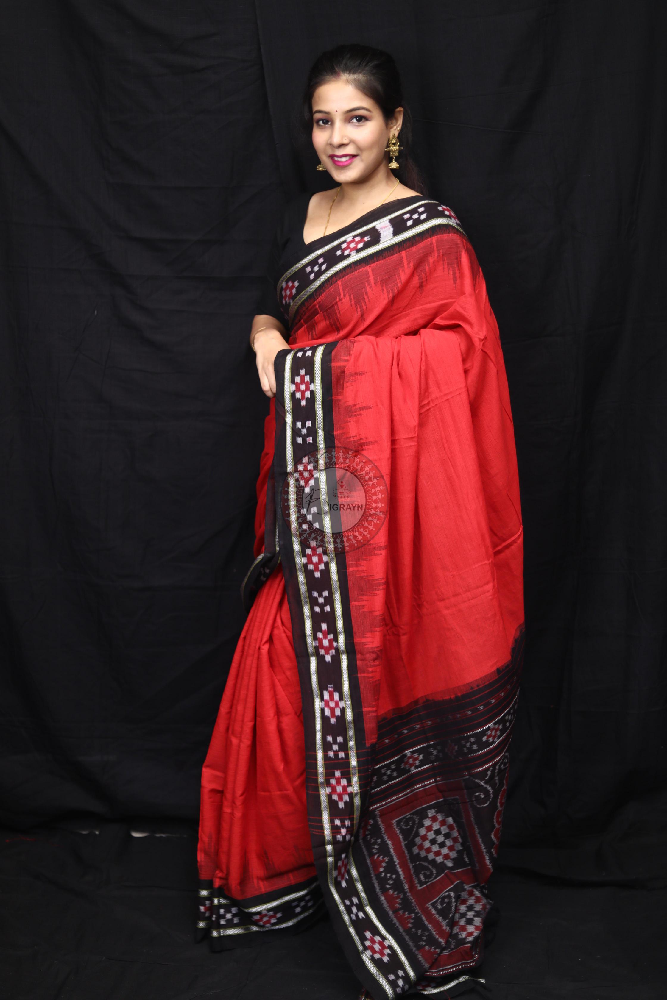 Red Black Rekha Pasapali Khandua Cotton Saree