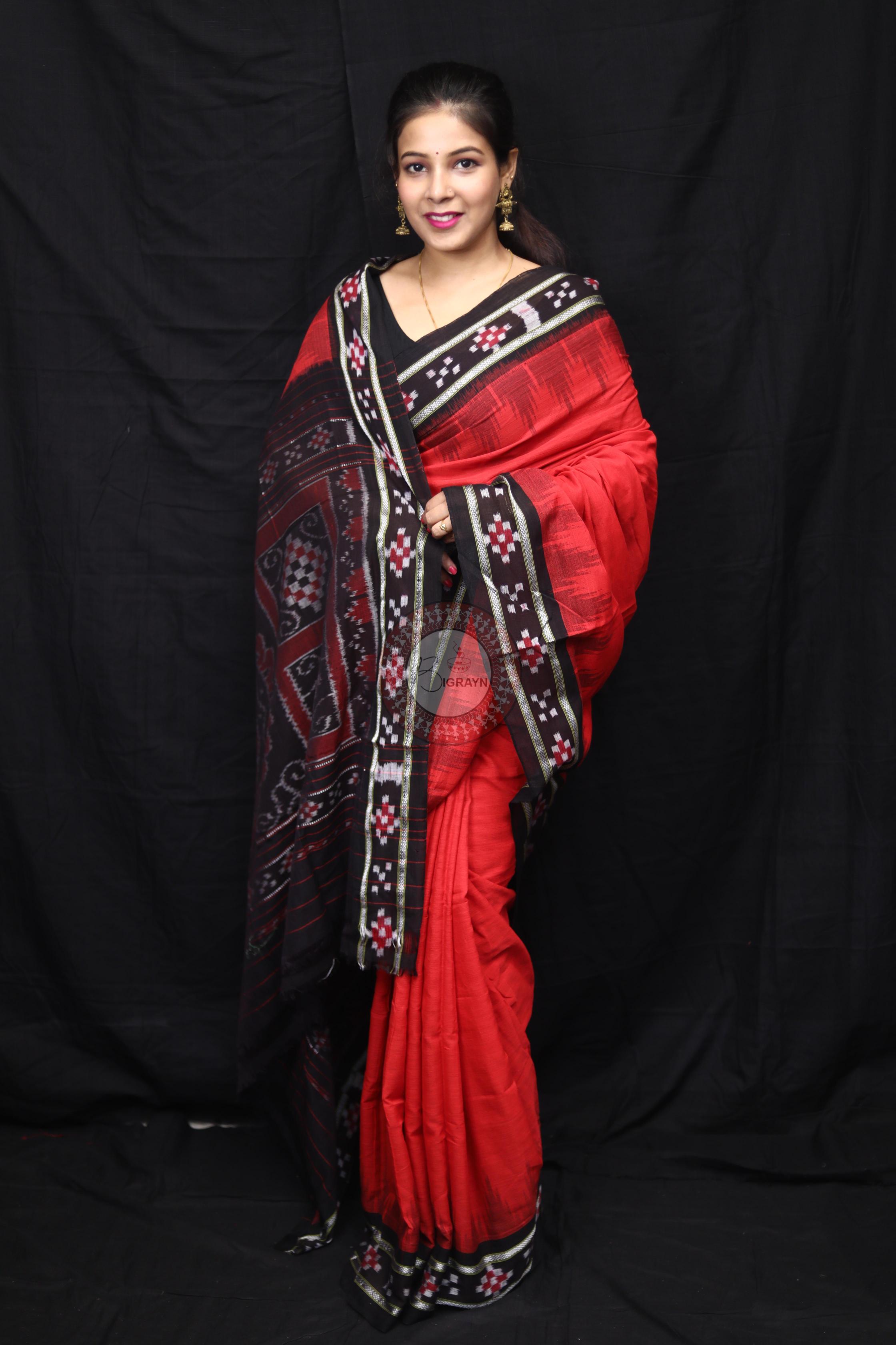 Red Black Rekha Pasapali Khandua Cotton Saree