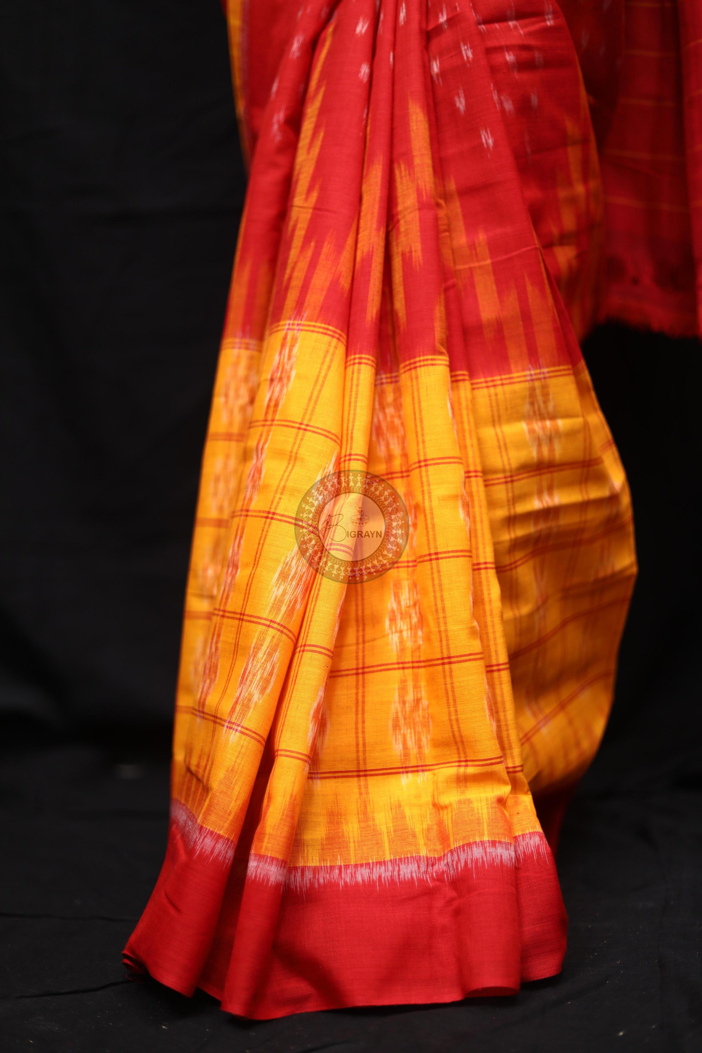 Yellow Red Scot Kargil Kumbha Cotton Saree