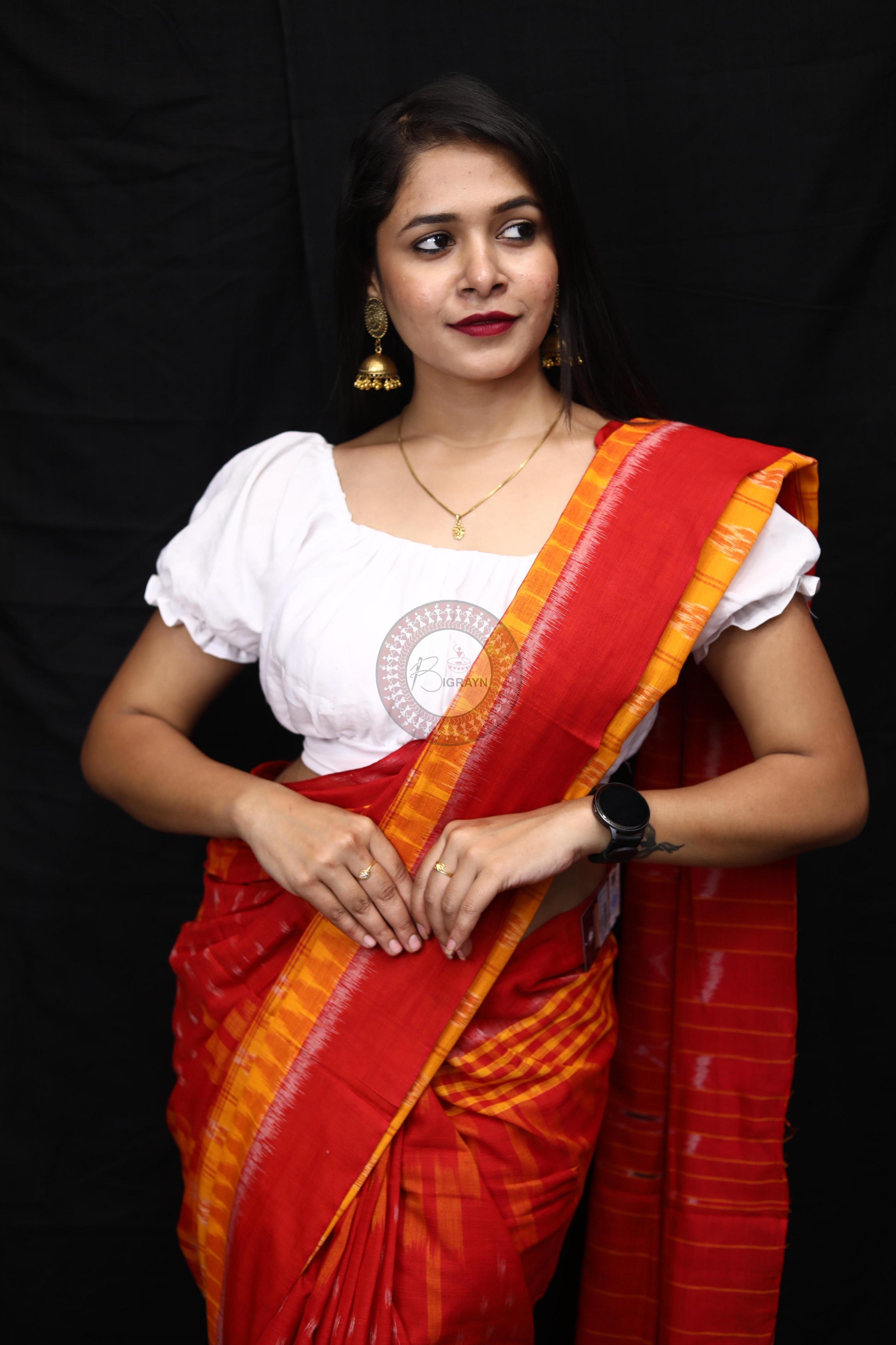 Yellow Red Scot Kargil Kumbha Cotton Saree