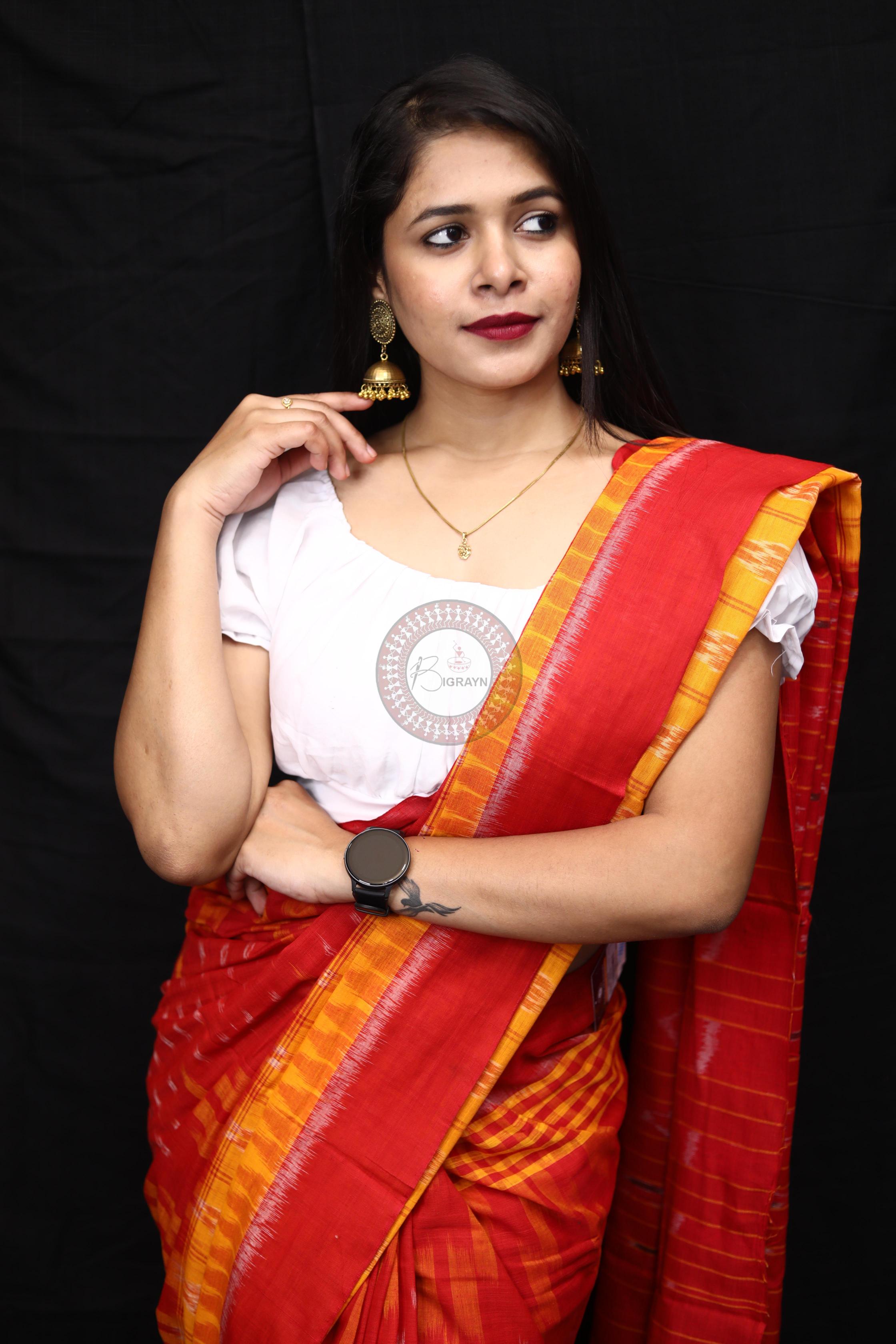 Yellow Red Scot Kargil Kumbha Cotton Saree
