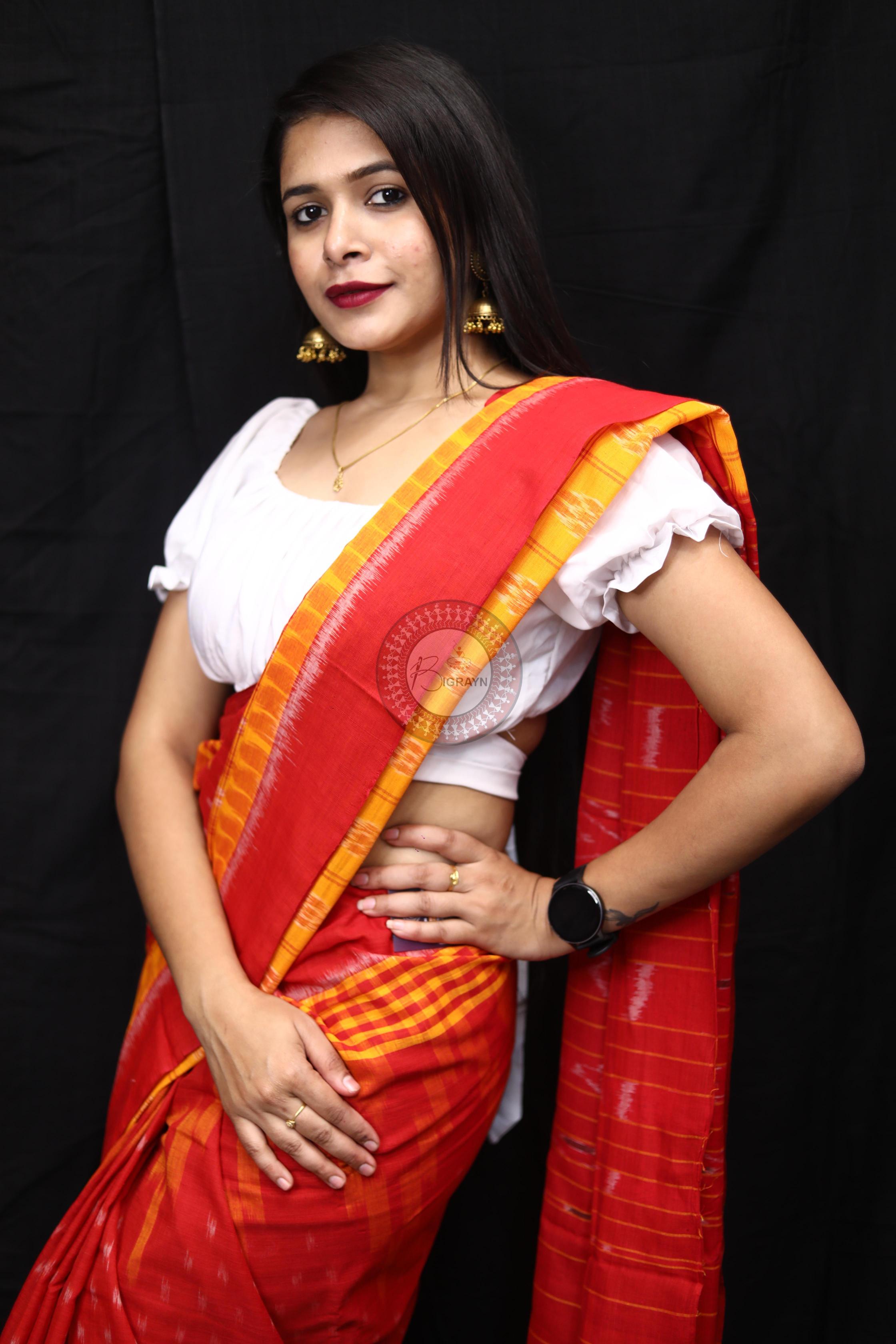 Yellow Red Scot Kargil Kumbha Cotton Saree