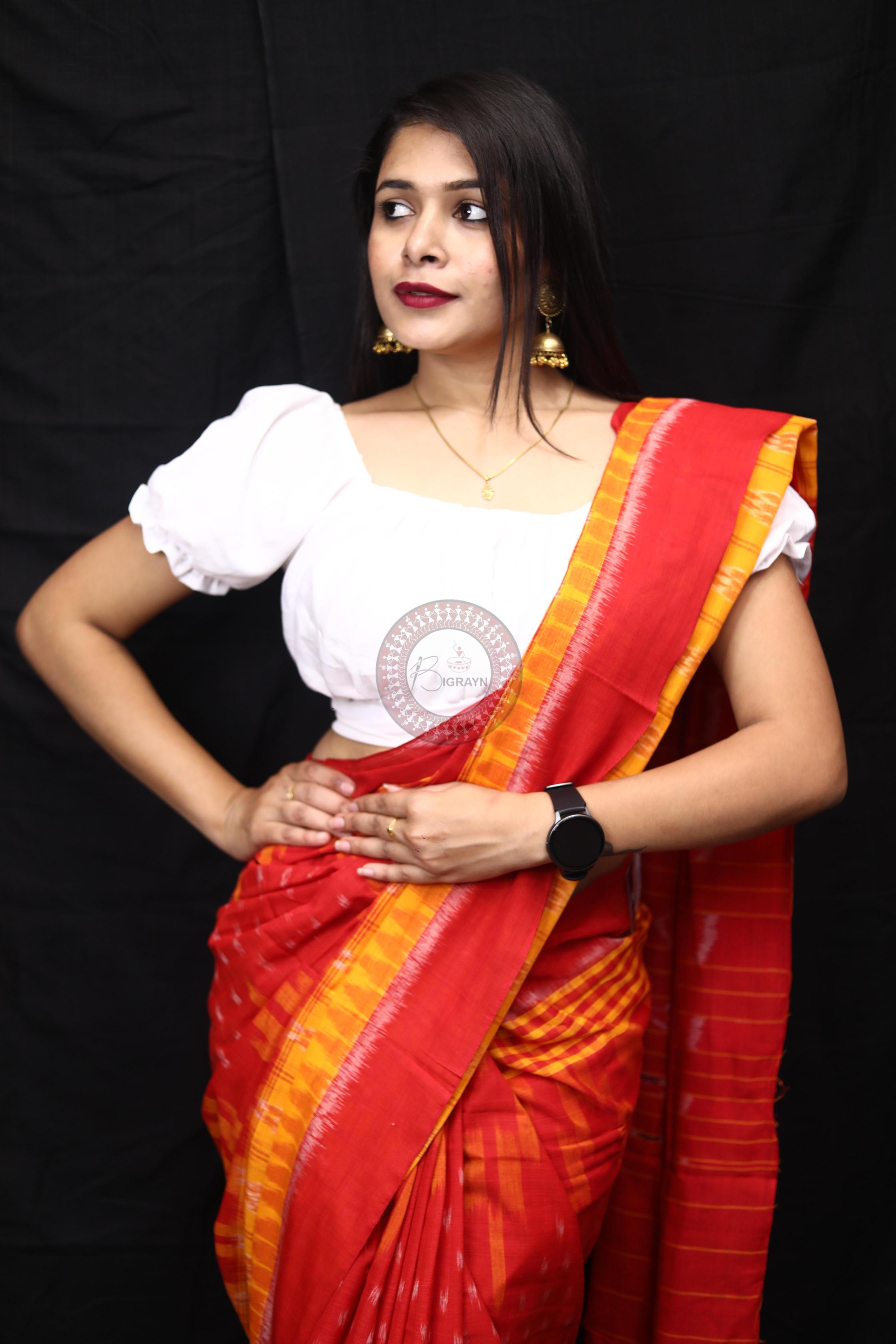 Yellow Red Scot Kargil Kumbha Cotton Saree