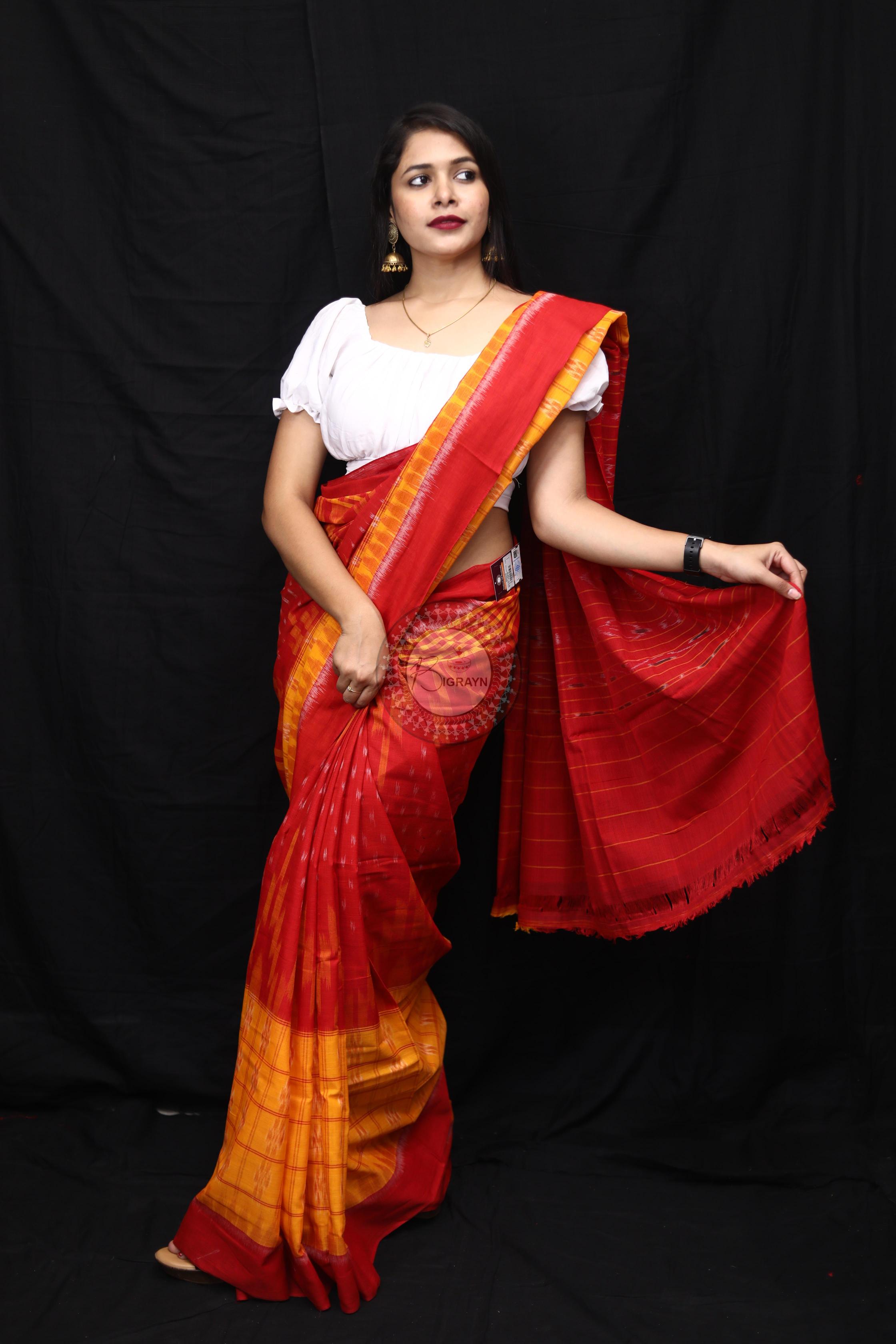 Yellow Red Scot Kargil Kumbha Cotton Saree