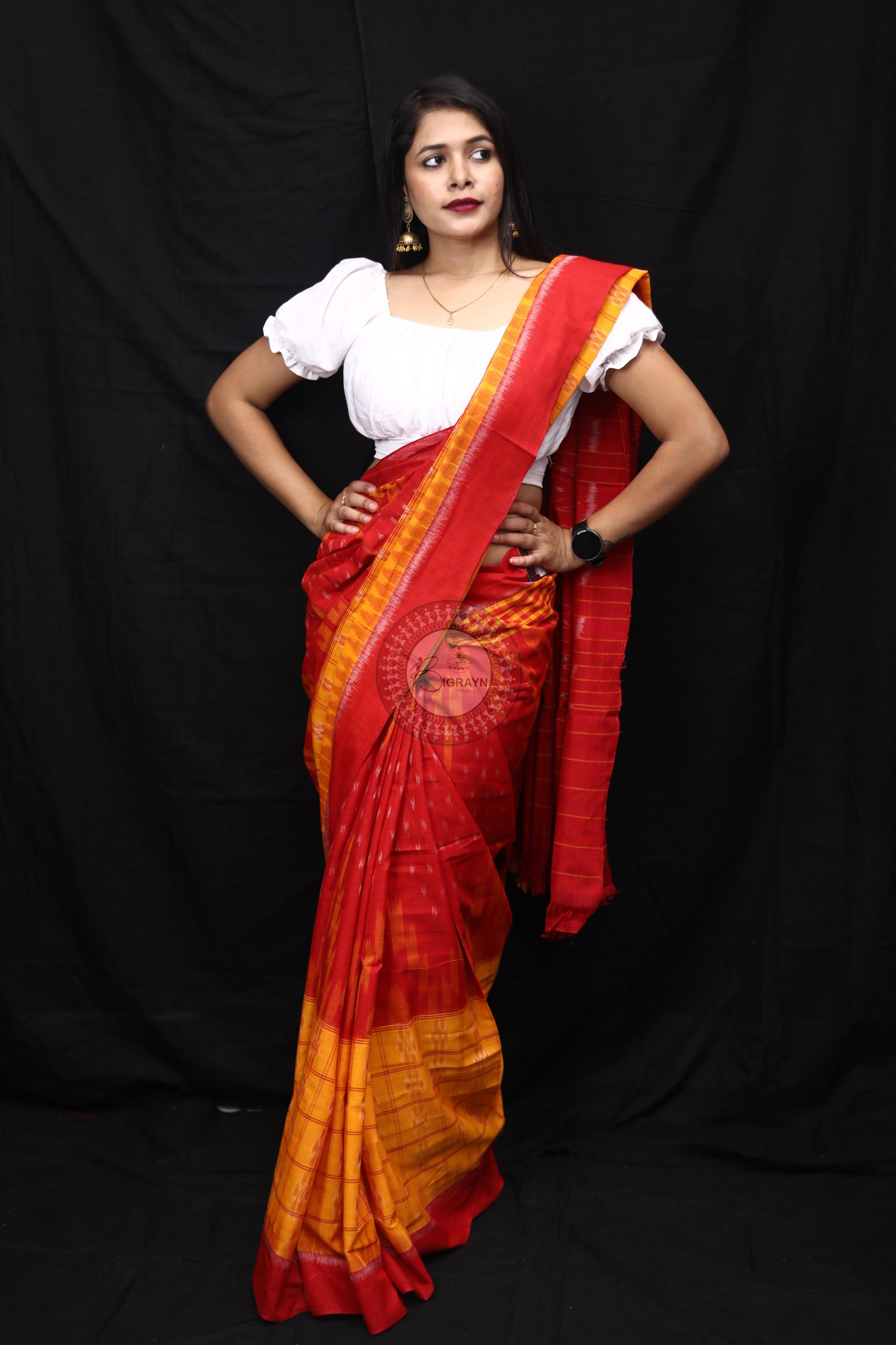 Yellow Red Scot Kargil Kumbha Cotton Saree