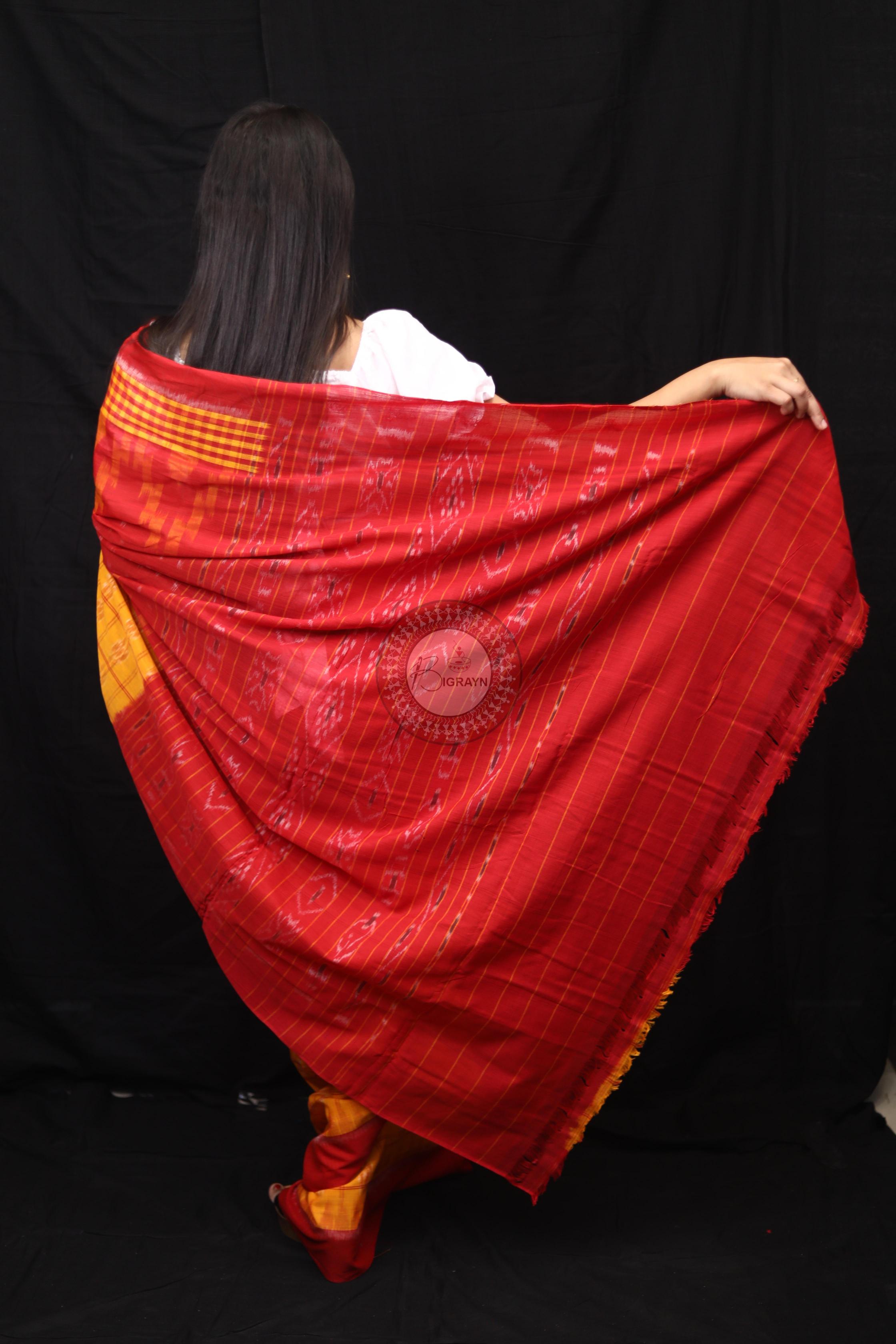 Yellow Red Scot Kargil Kumbha Cotton Saree