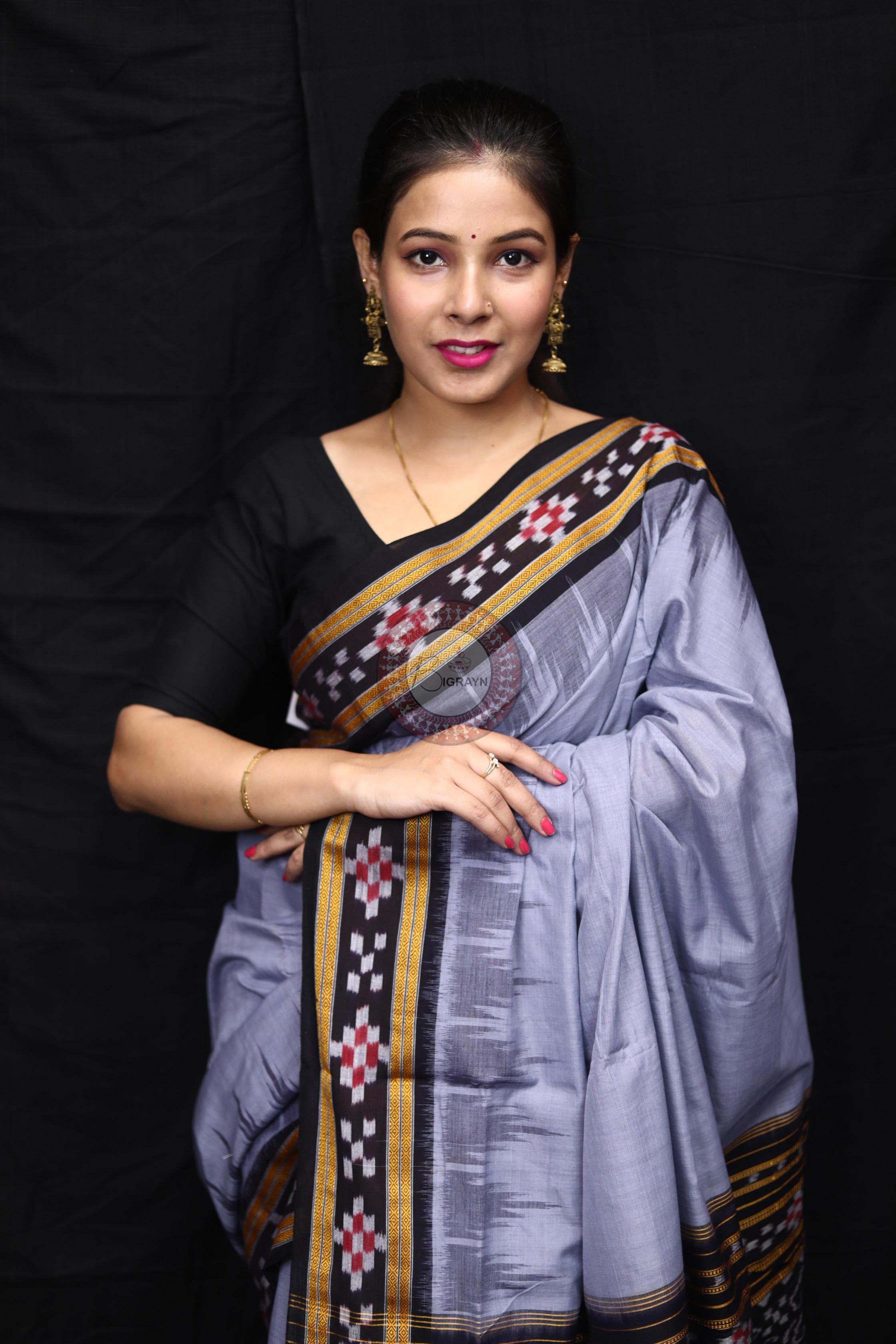 Grey Black Rekha Pasapali Khandua Cotton Saree