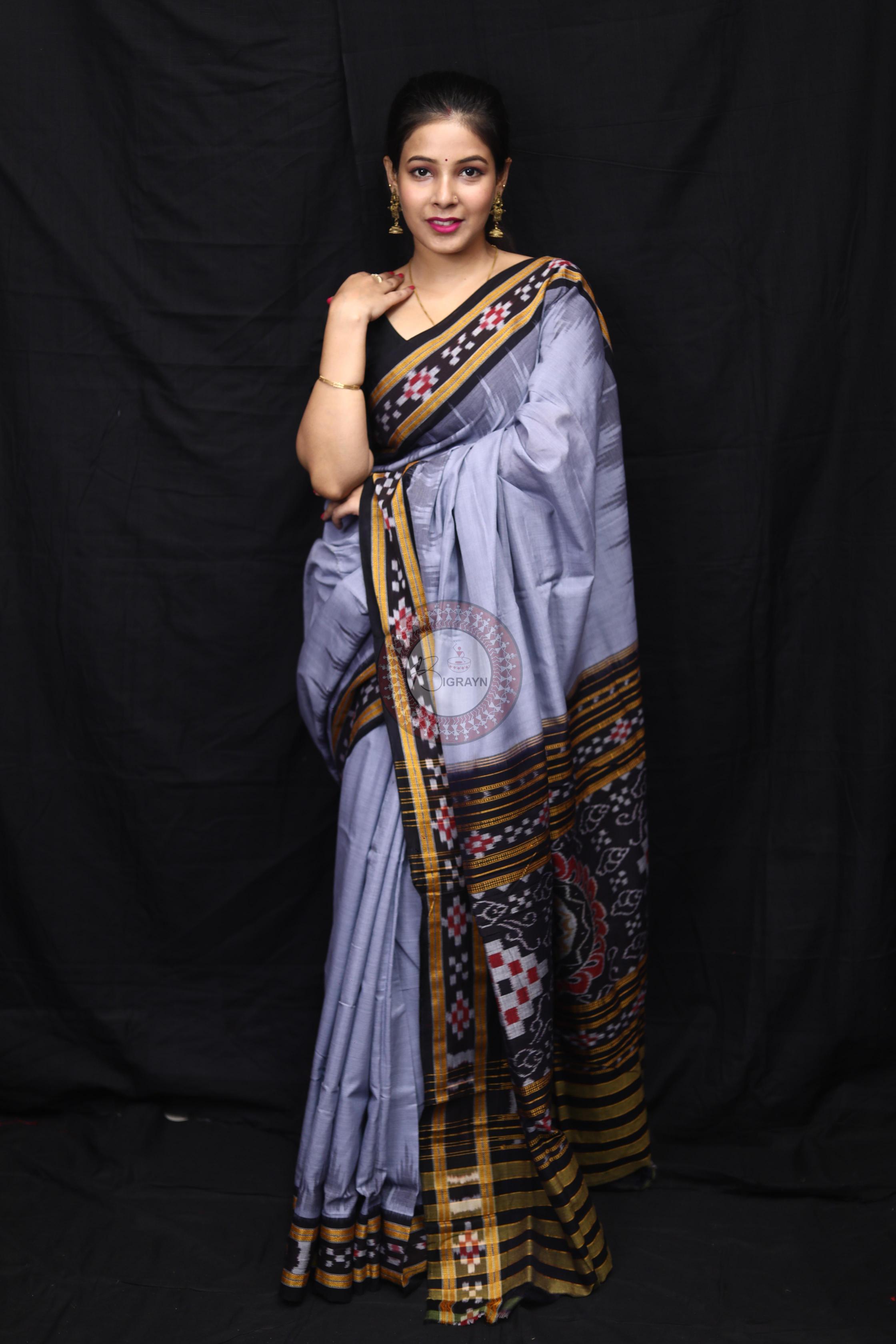 Grey Black Rekha Pasapali Khandua Cotton Saree