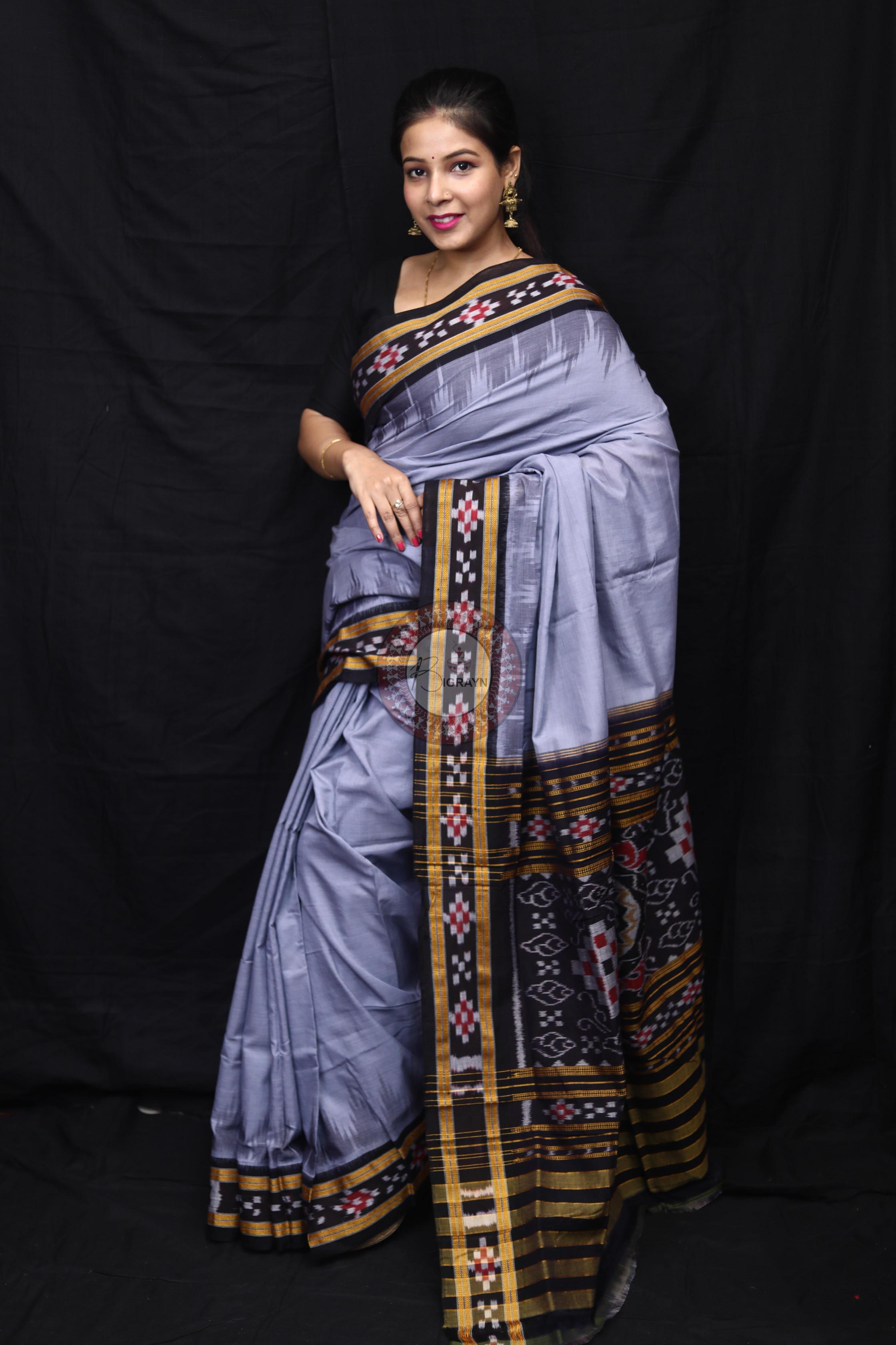 Grey Black Rekha Pasapali Khandua Cotton Saree