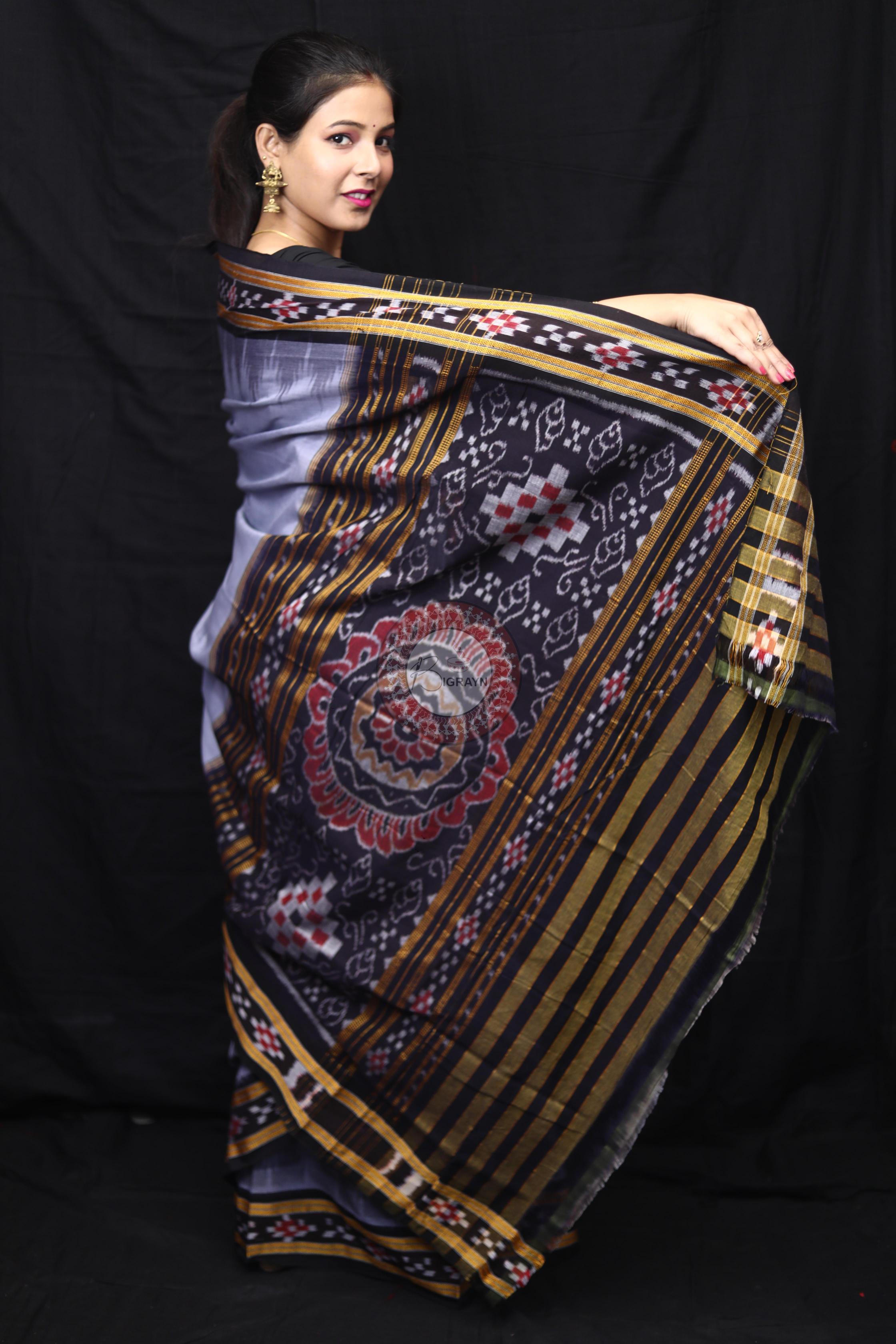 Grey Black Rekha Pasapali Khandua Cotton Saree