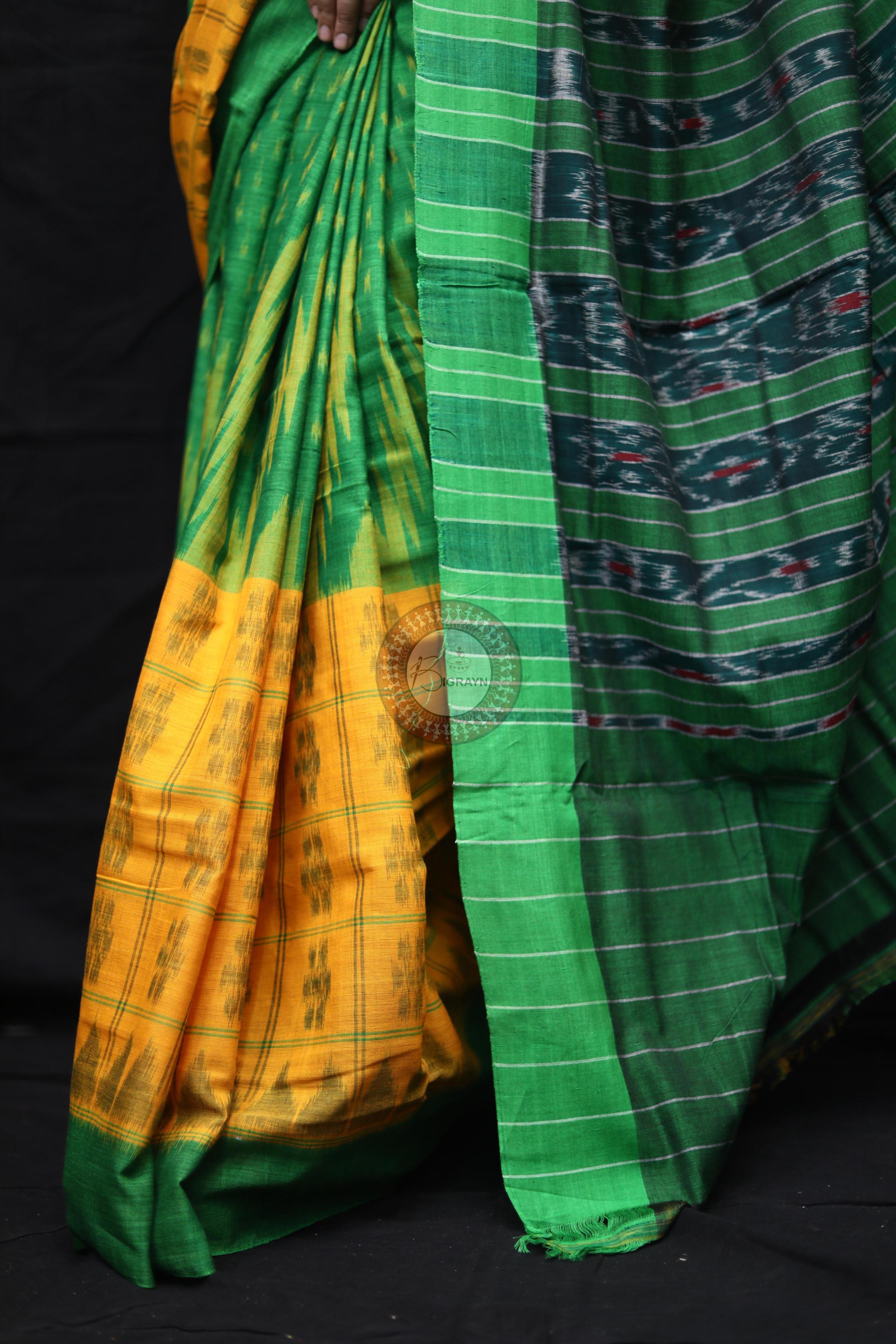 Yellow Green Scot Kargil Kumbha Cotton Saree