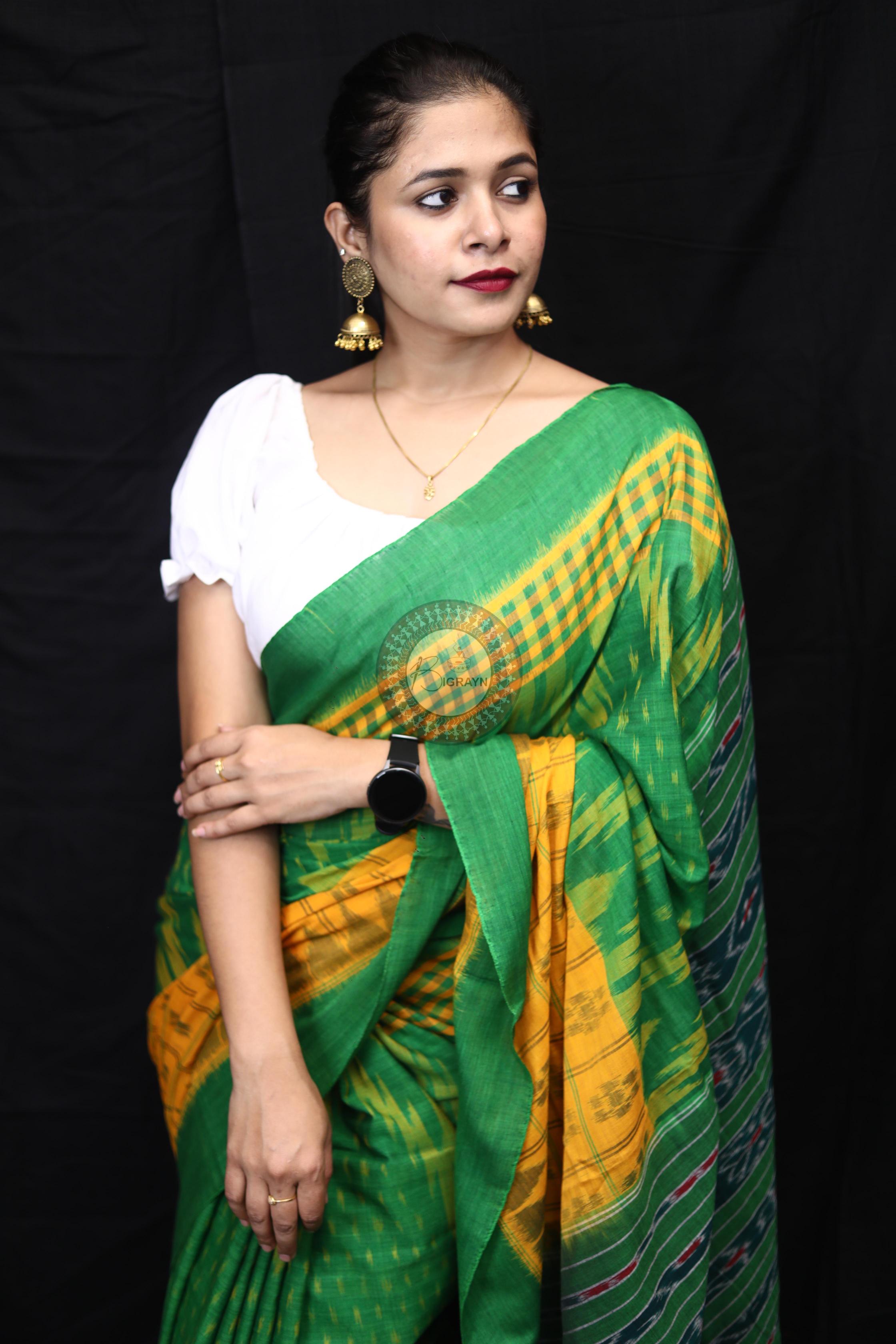 Yellow Green Scot Kargil Kumbha Cotton Saree