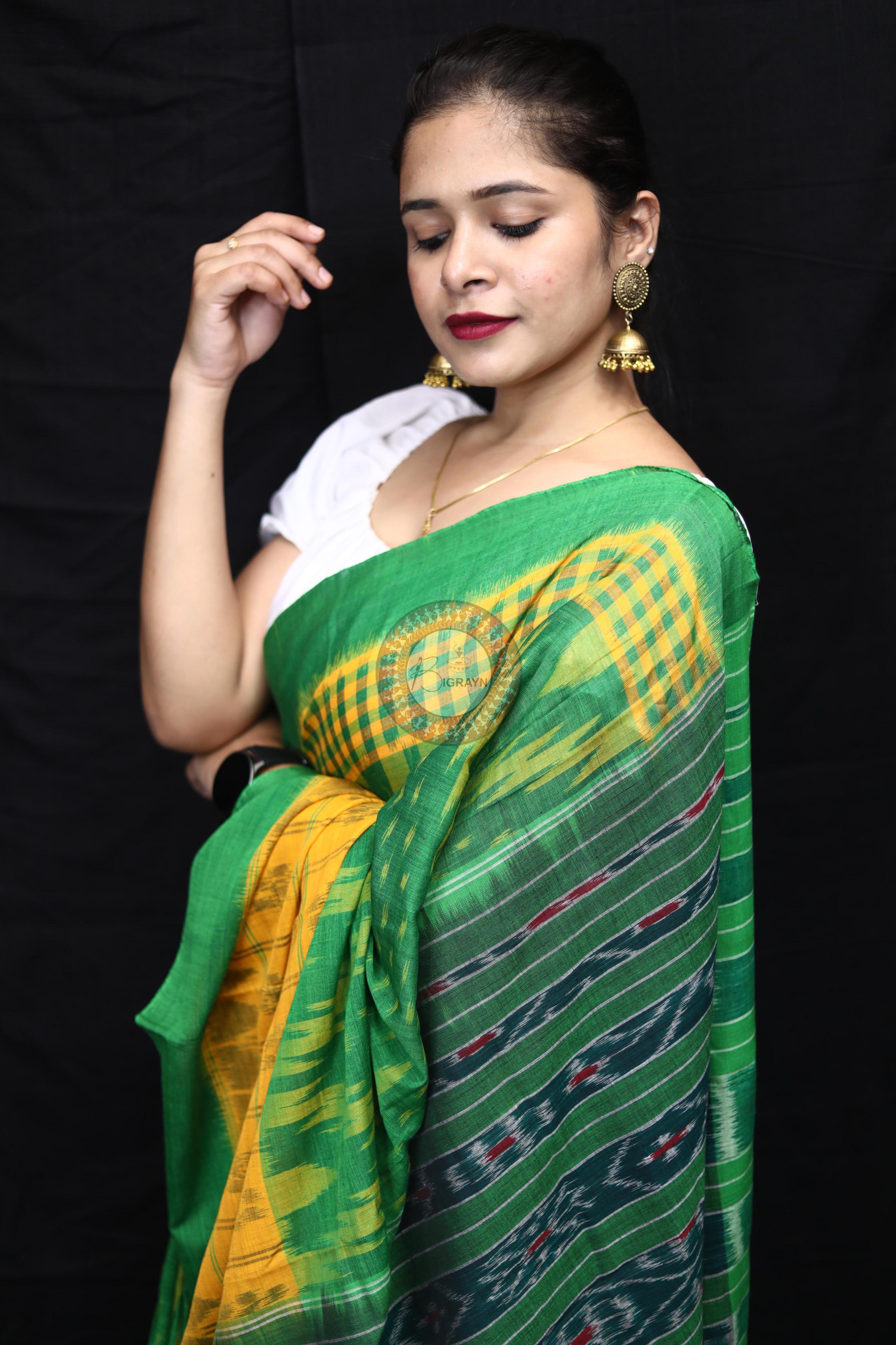 Yellow Green Scot Kargil Kumbha Cotton Saree