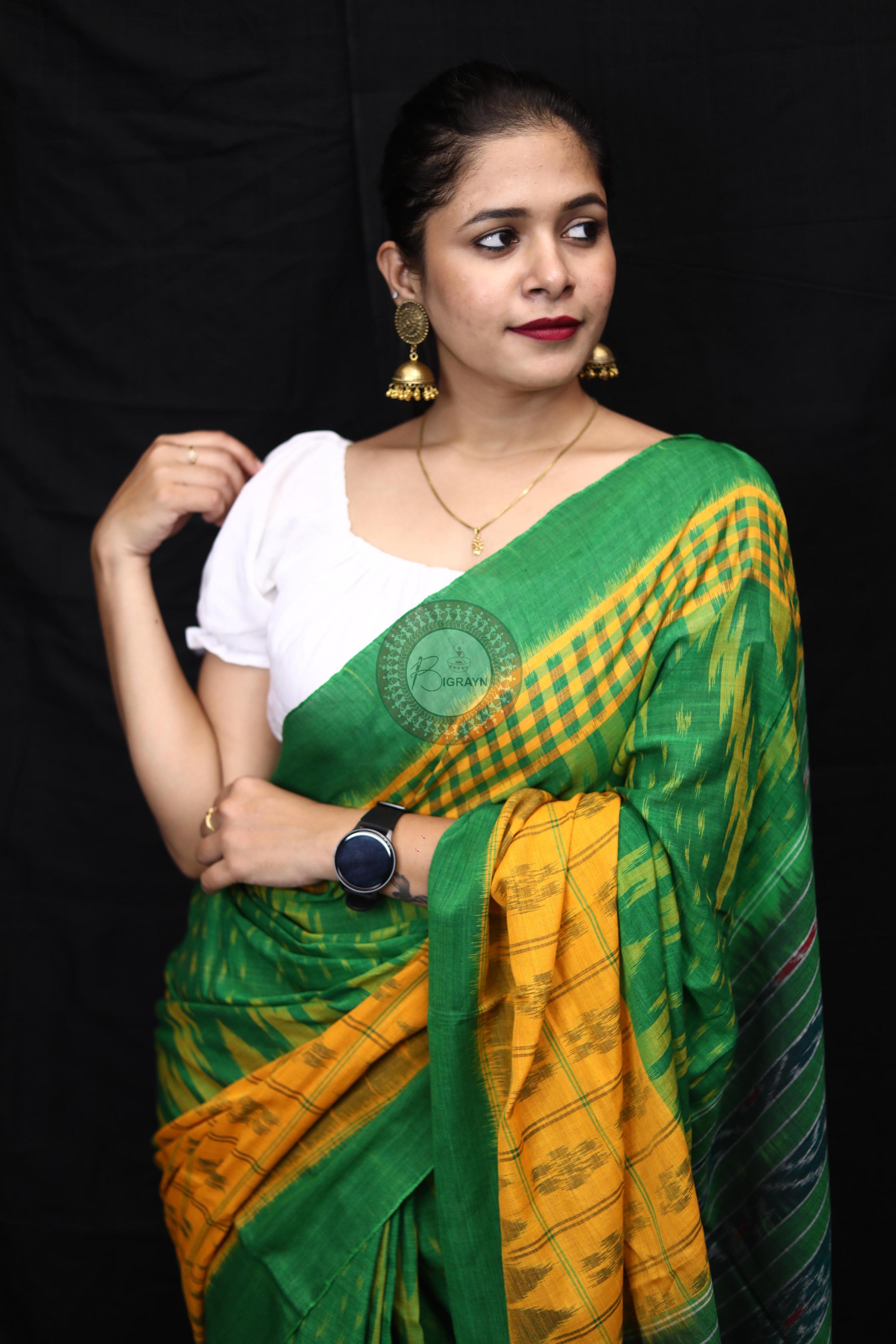 Yellow Green Scot Kargil Kumbha Cotton Saree