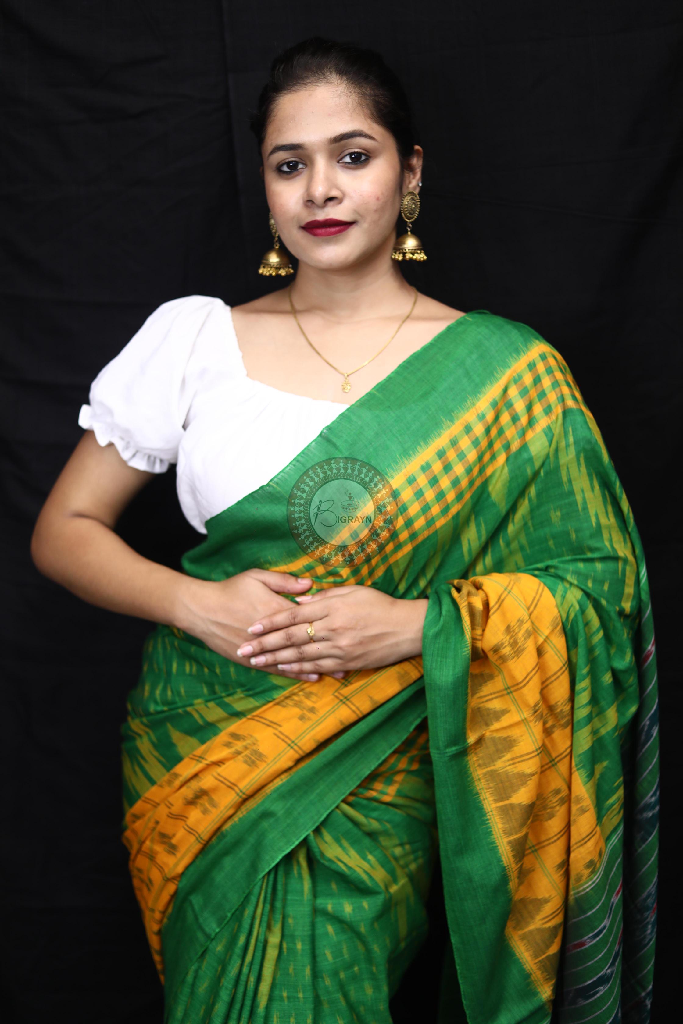 Yellow Green Scot Kargil Kumbha Cotton Saree