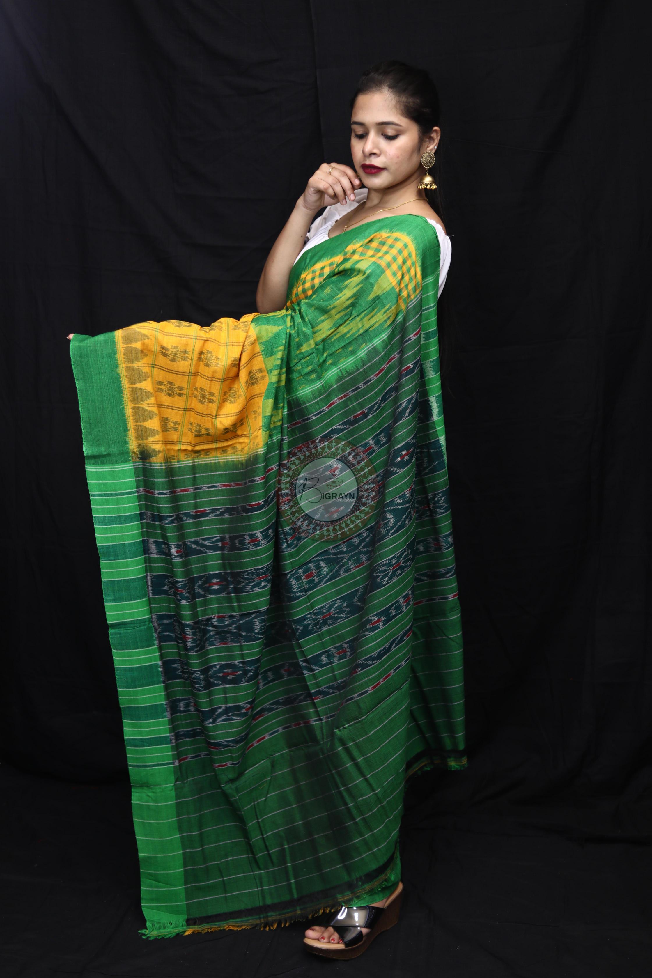 Yellow Green Scot Kargil Kumbha Cotton Saree