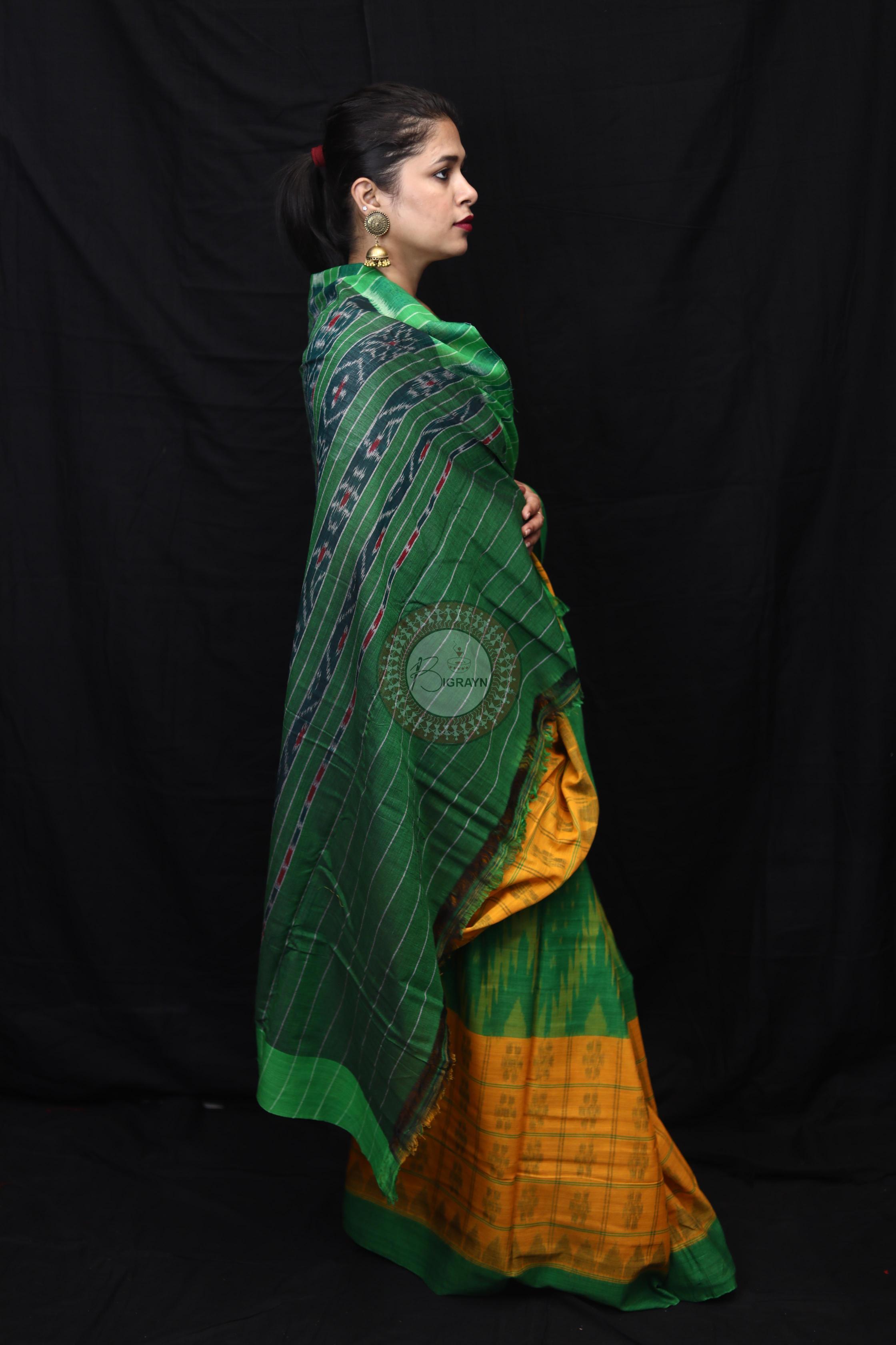 Yellow Green Scot Kargil Kumbha Cotton Saree