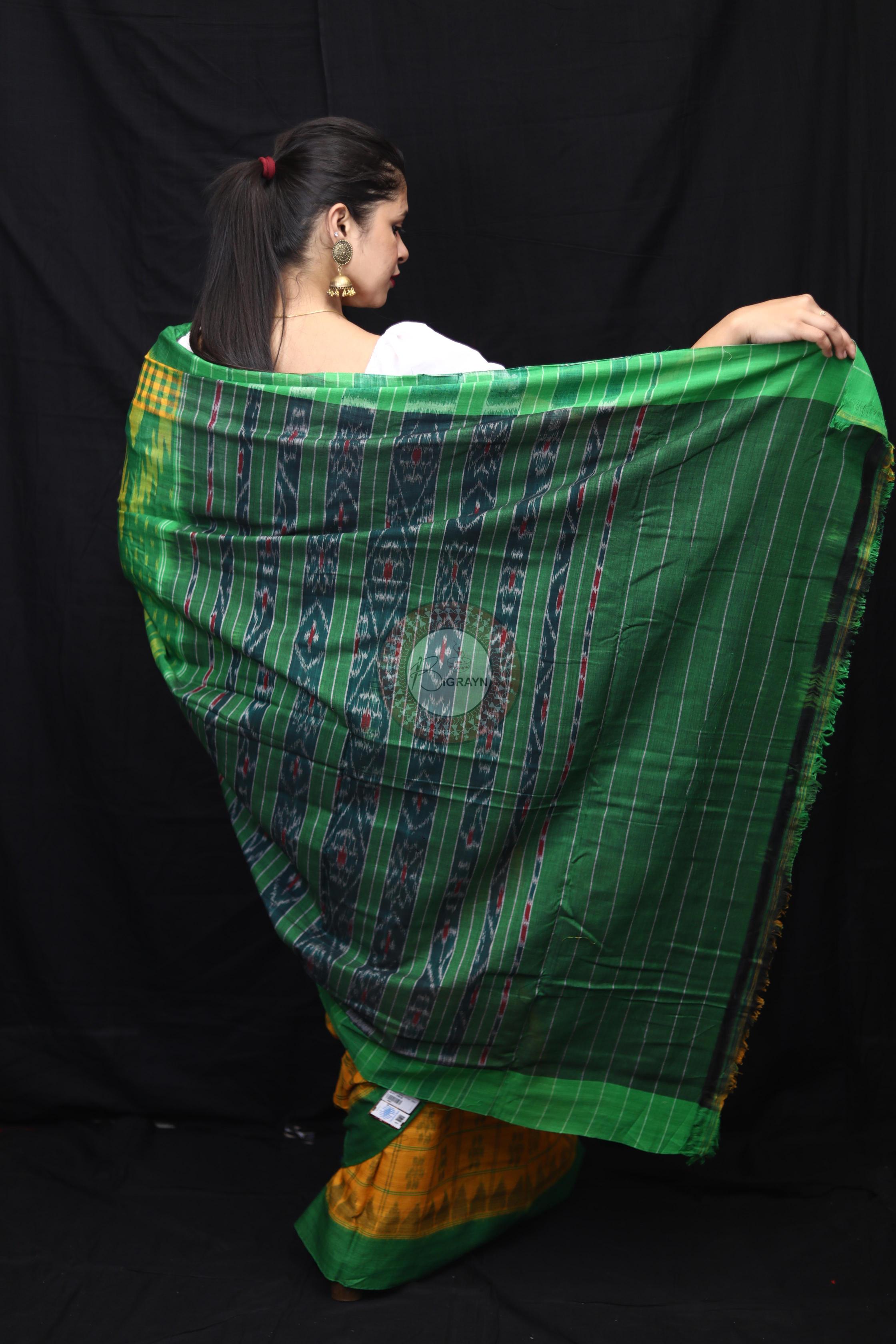 Yellow Green Scot Kargil Kumbha Cotton Saree